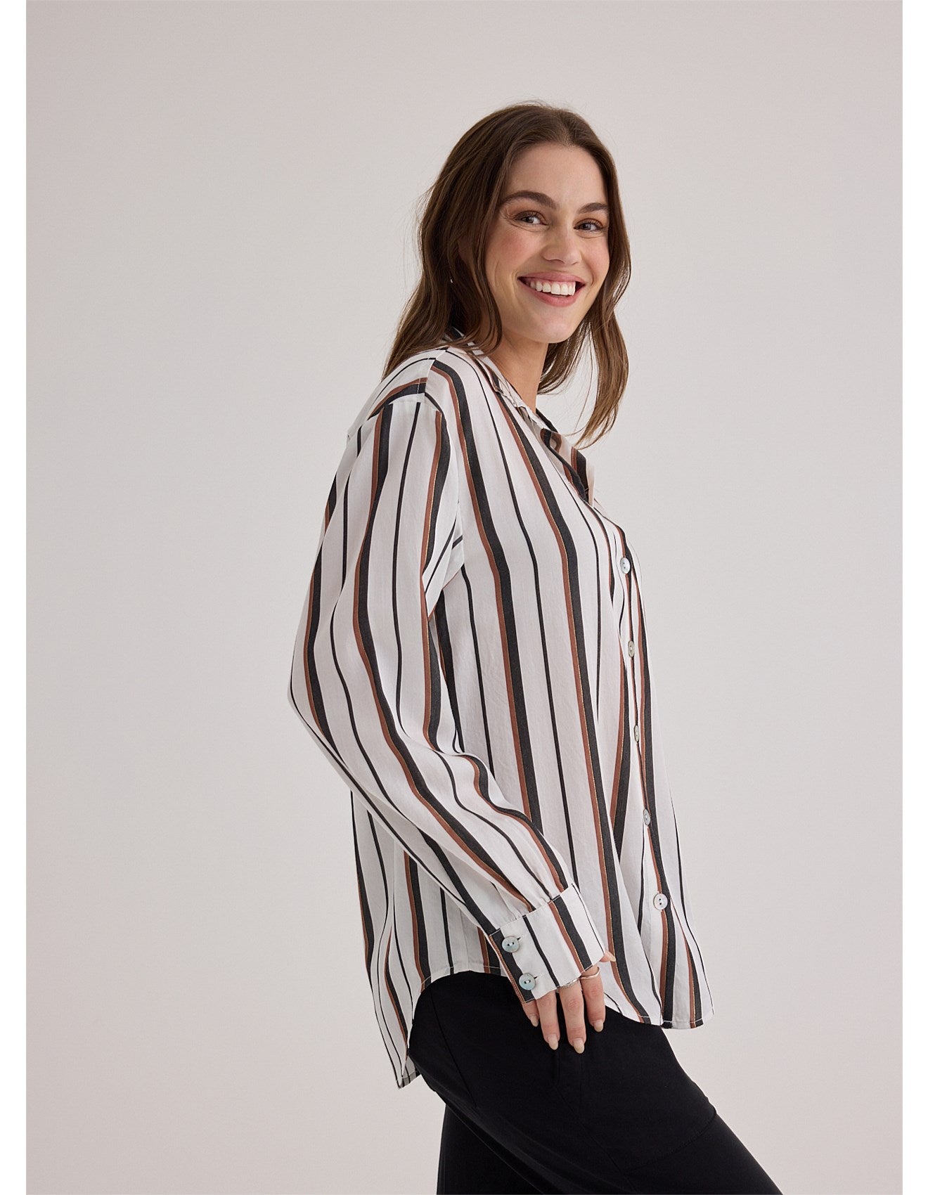 Bella Dahl I Boyfriend Button Down Stripe Shirt with Gold Lurex Thread
