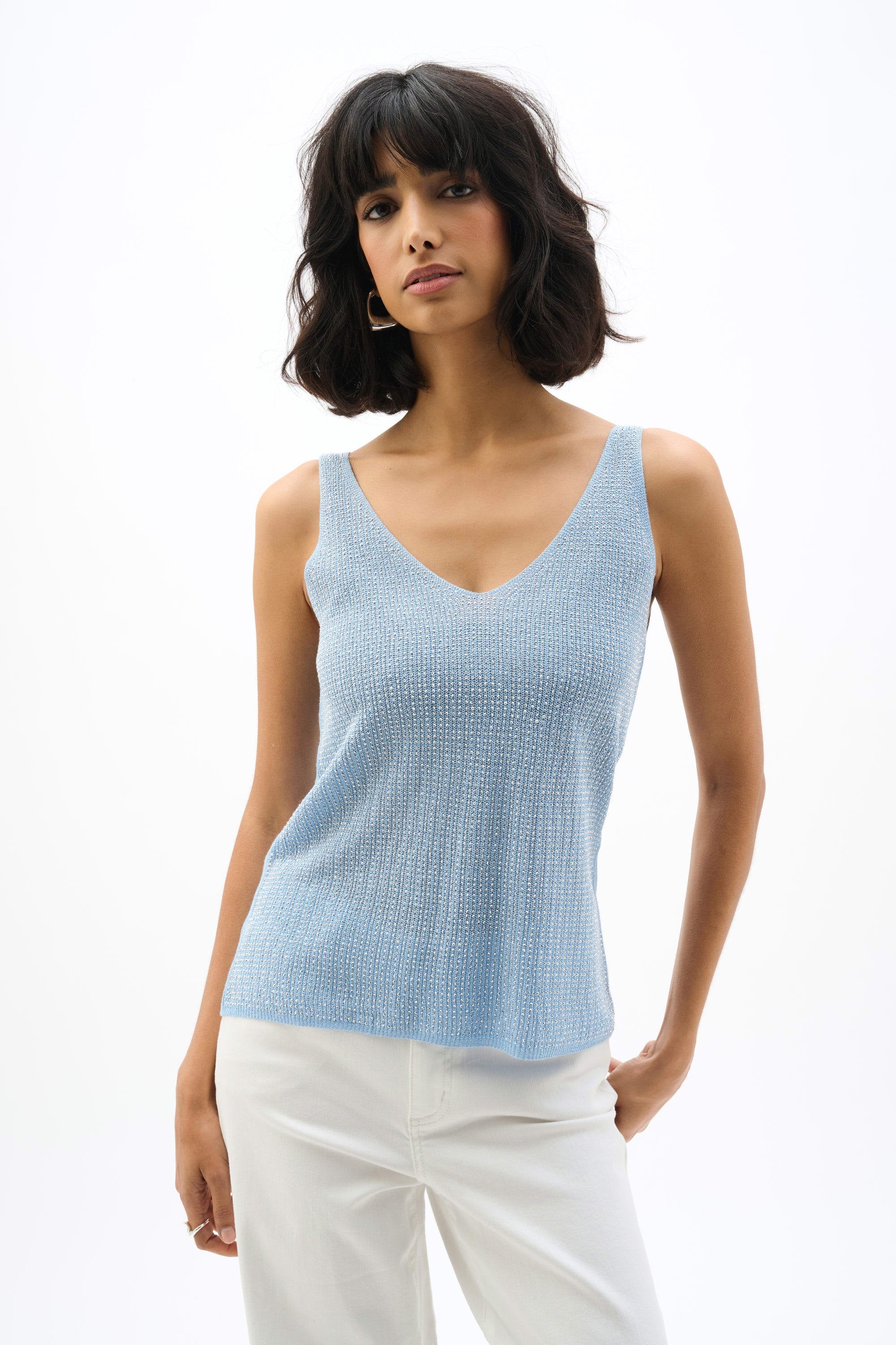 Joseph Ribkoff I Metallic Knitted Camisole with Rhinestones I Sky Blue