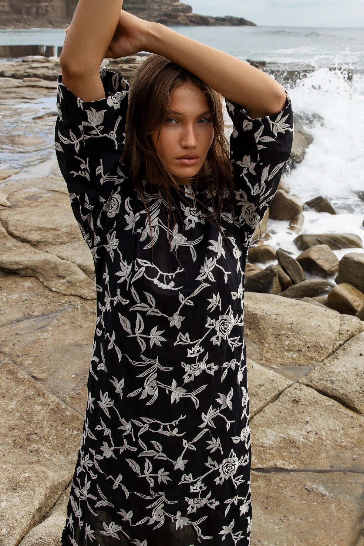 One Season | Deia Embroidery Cotton Dress | Black/Cream