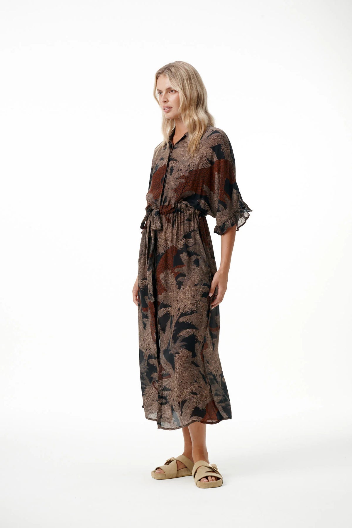One Season I Jasmine Palm Safari Cotton Viscose Dress I Black/Camel