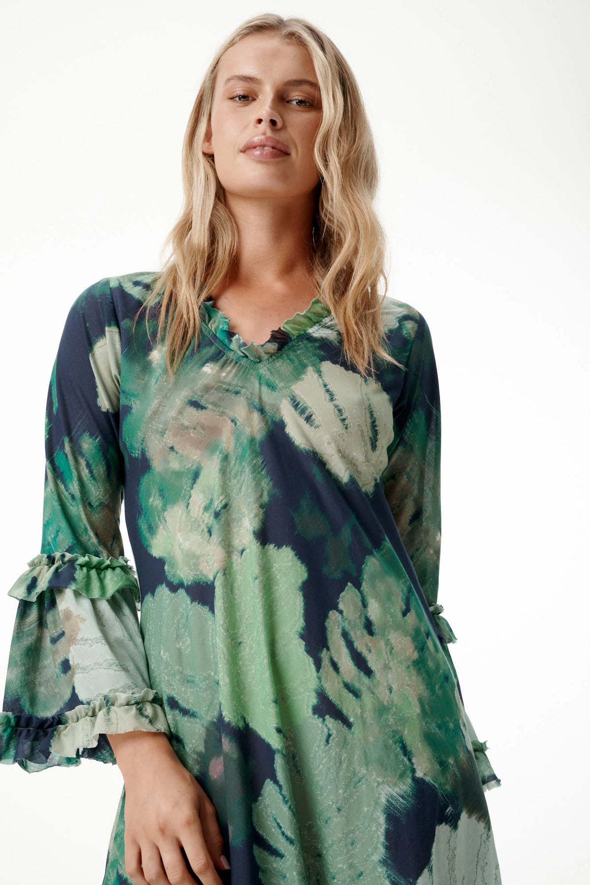 One Season | Long Indi Cotton Dress | Monstera Night Green