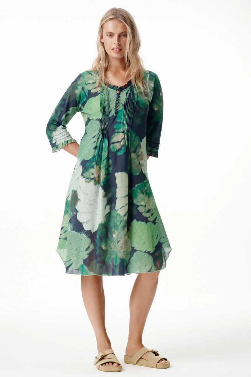 One Season | Middy Poppy Cotton Dress - Monstera Night Green