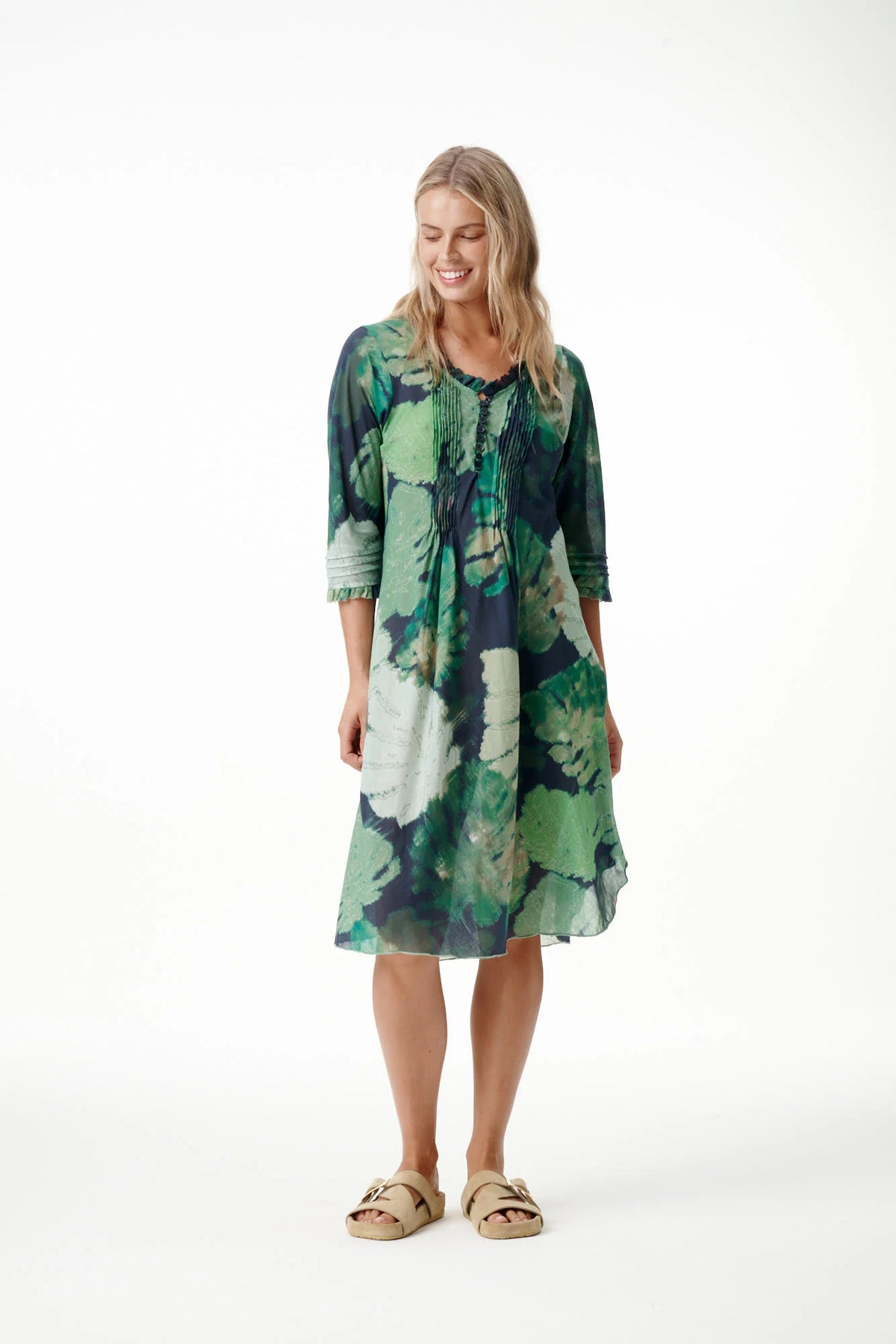 One Season | Middy Poppy Cotton Dress - Monstera Night Green
