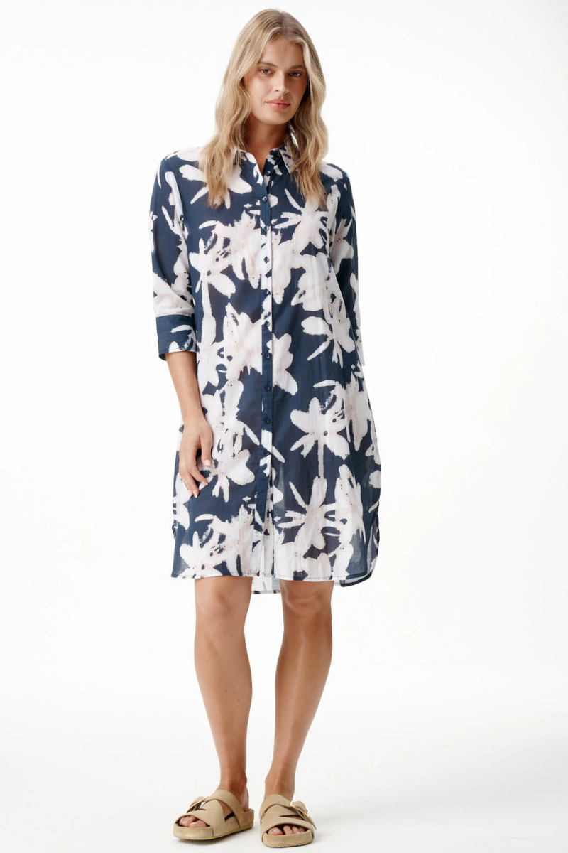 One Season | Middy Daisy Indigo Leaf Cotton Dress | Navy/White