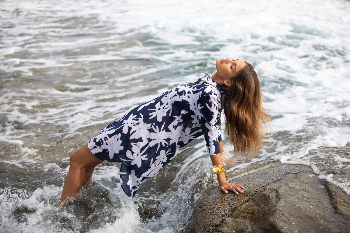 One Season | Middy Daisy Indigo Leaf Cotton Dress | Navy/White
