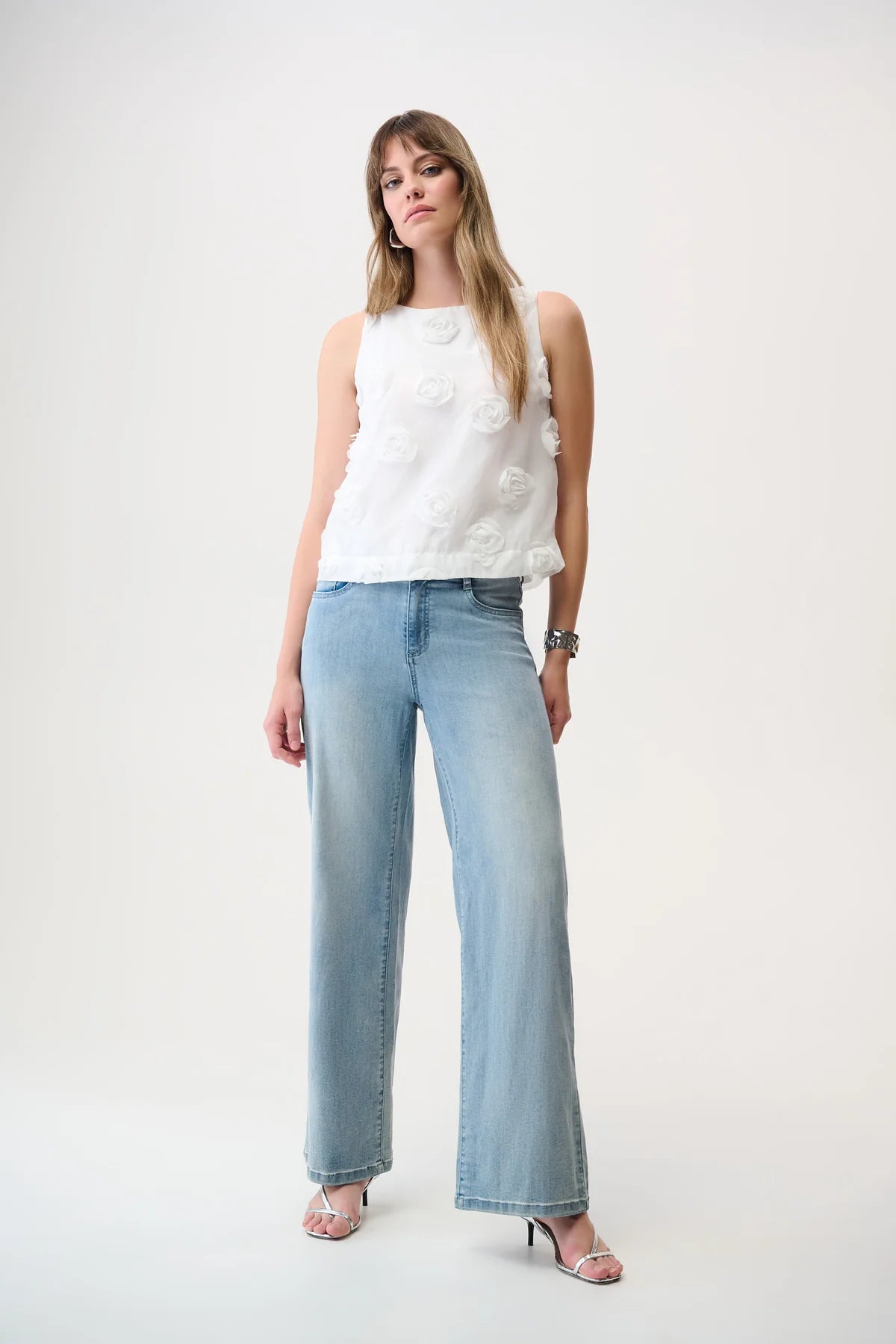 Joseph Ribkoff | Top with 3D Floral Embroidery | Flowers White