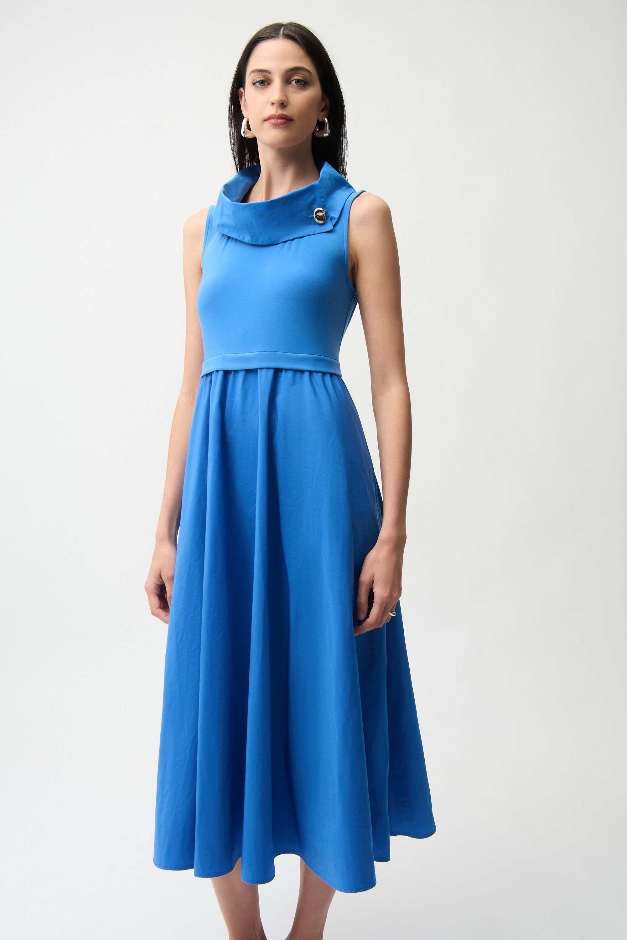 Joseph Ribkoff I Silky Knit and Memory Fit Flare Dress with Shawl Collar I Blue