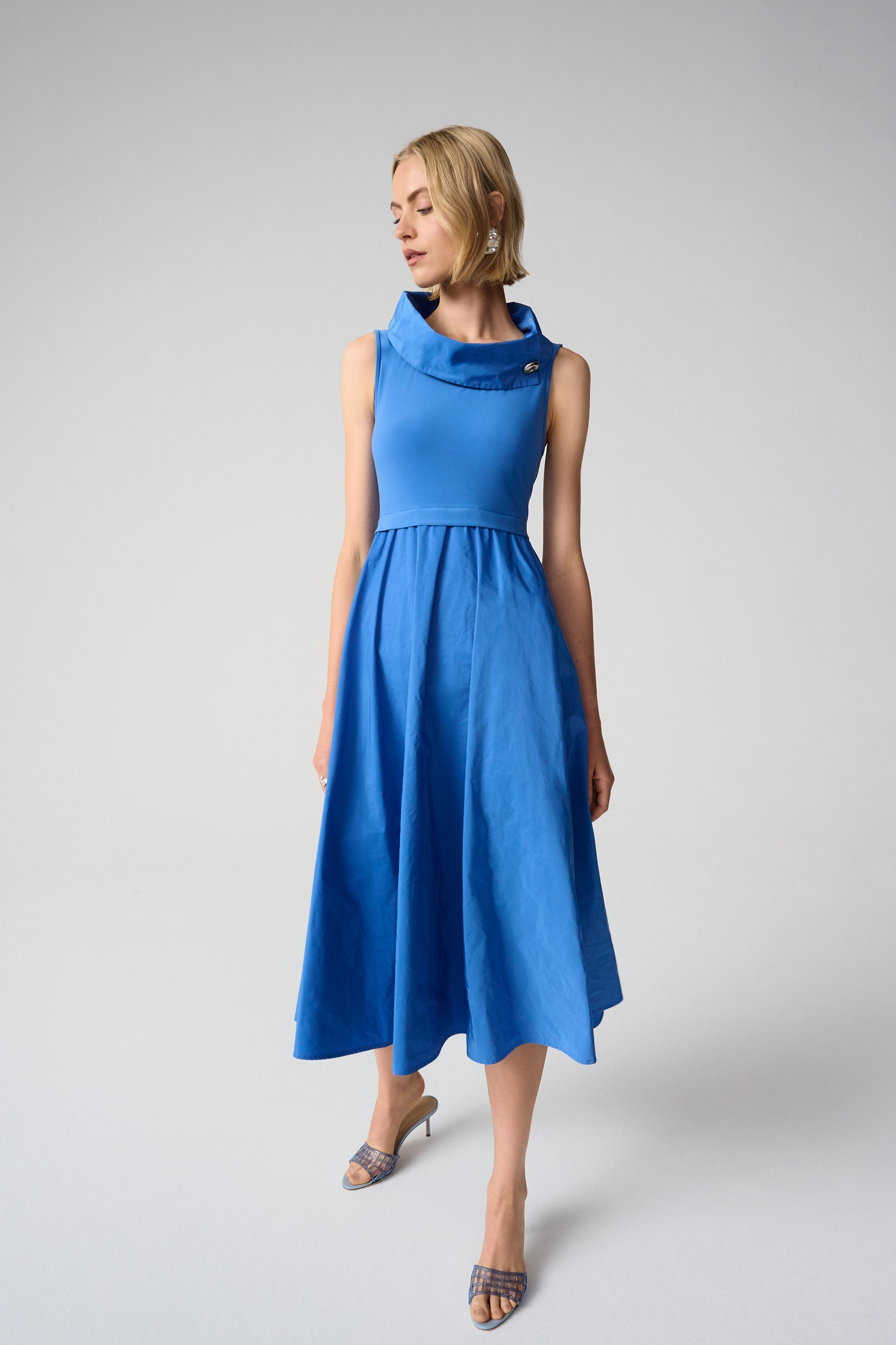 Joseph Ribkoff | Silky Knit and Memory Fit Flare Dress with Shawl Collar | Blue