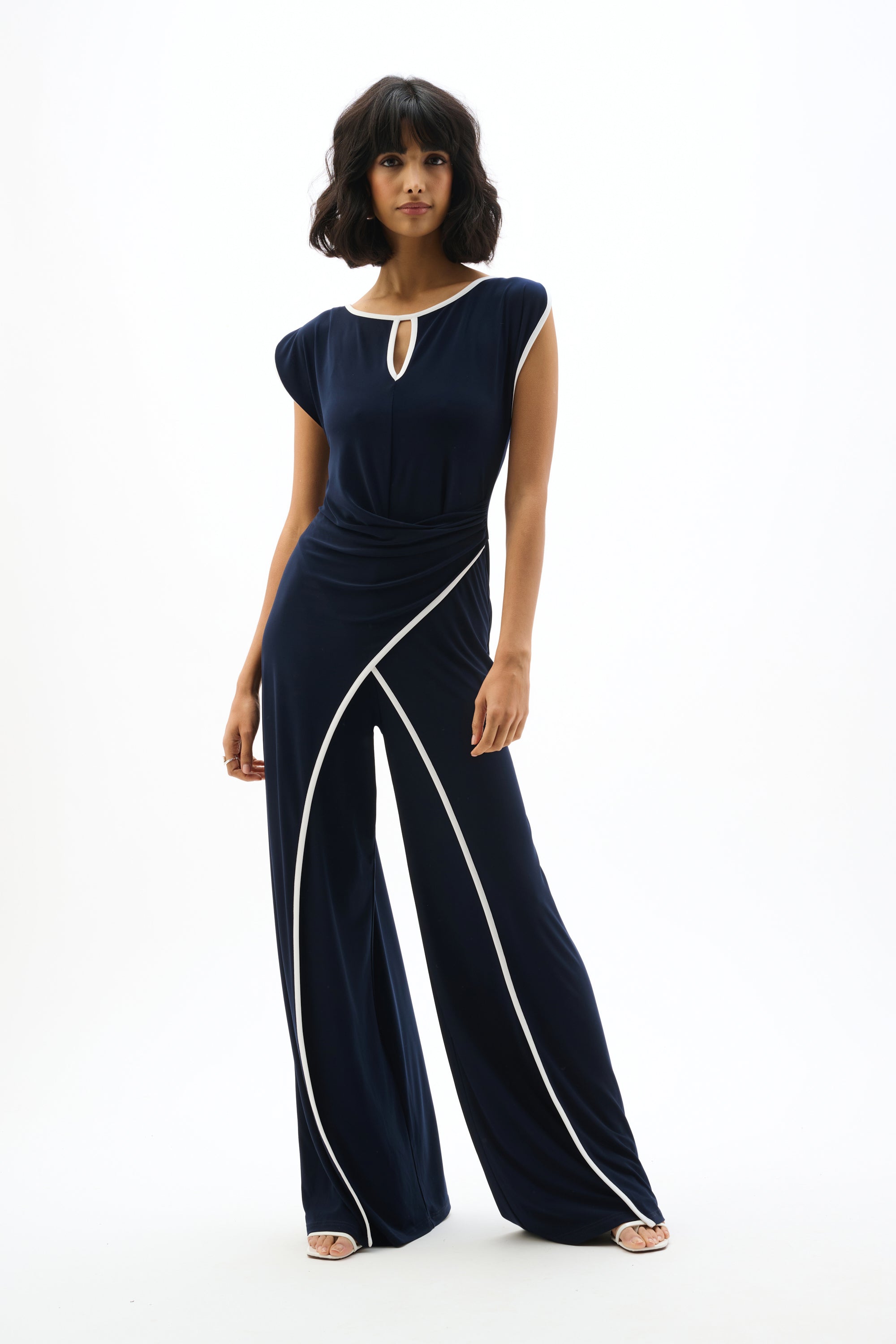 Joseph Ribkoff I Silky Knit Jumpsuit with Draped Bodice I Midnight Blue/Vanilla