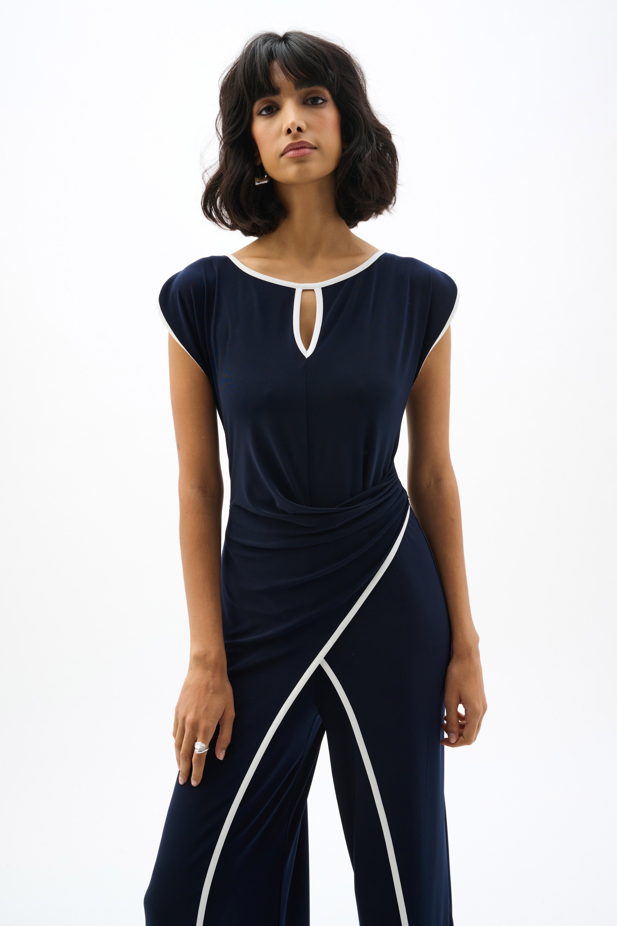 Joseph Ribkoff I Silky Knit Jumpsuit with Draped Bodice I Midnight Blue/Vanilla