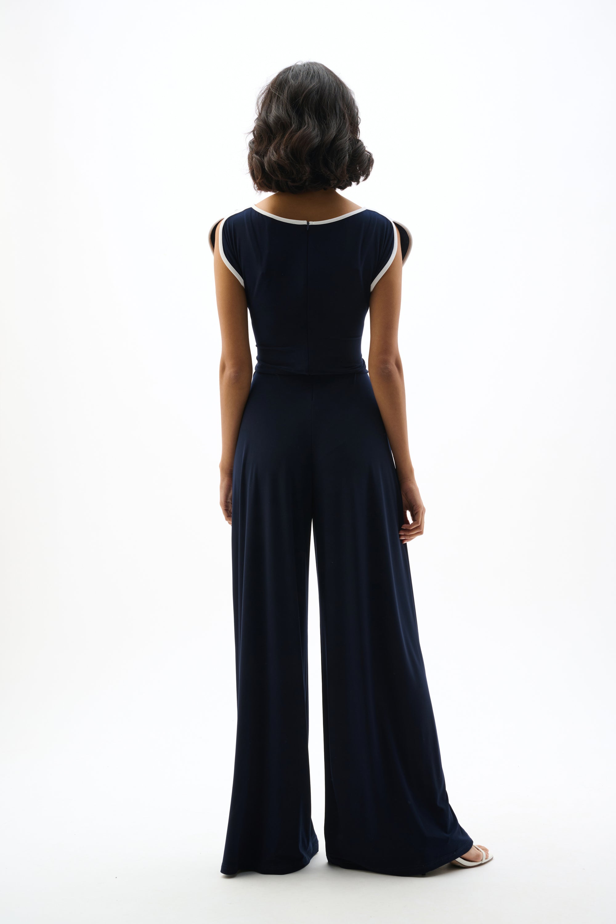 Joseph Ribkoff I Silky Knit Jumpsuit with Draped Bodice I Midnight Blue/Vanilla