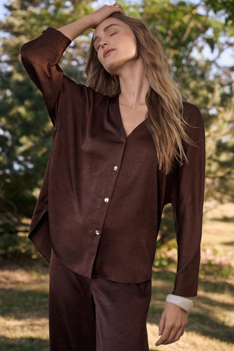 Joseph Ribkoff | Crushed Boxy Satin Top with Dolman Sleeves | Mahogany