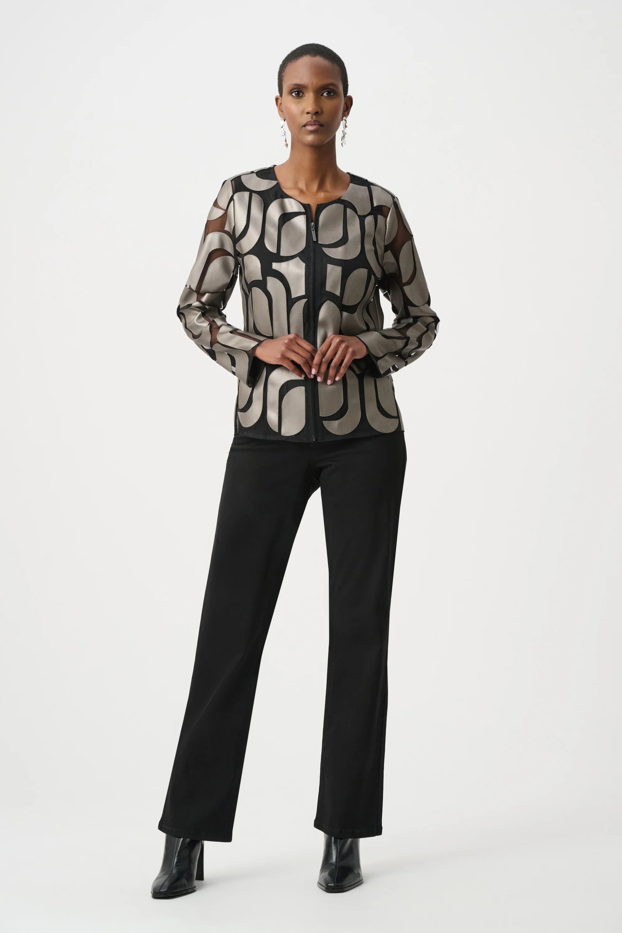 Joseph Ribkoff | Leatherette and Mesh Embroidered Jacket | Gunmetal/Black
