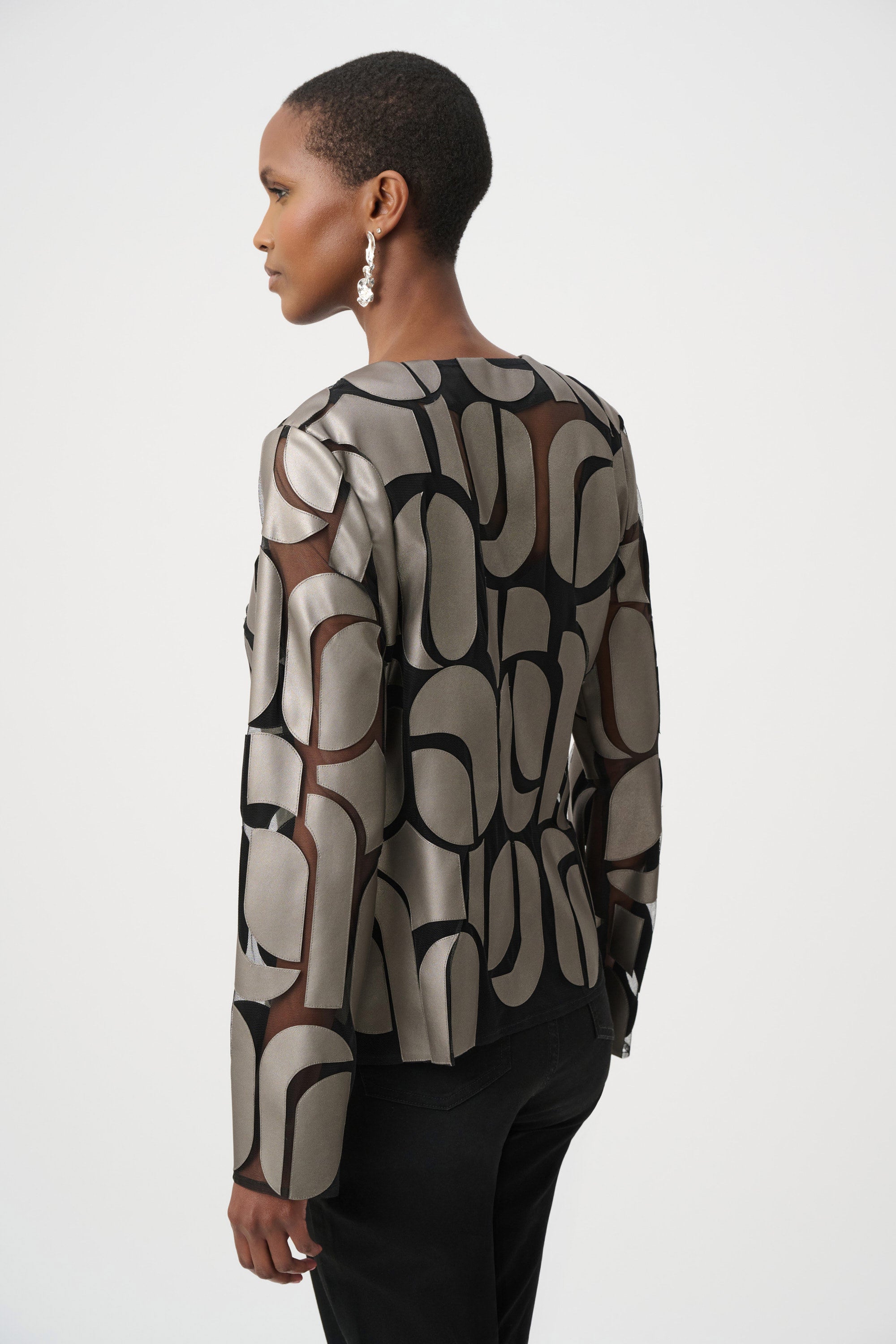 Joseph Ribkoff | Leatherette and Mesh Embroidered Jacket | Gunmetal/Black