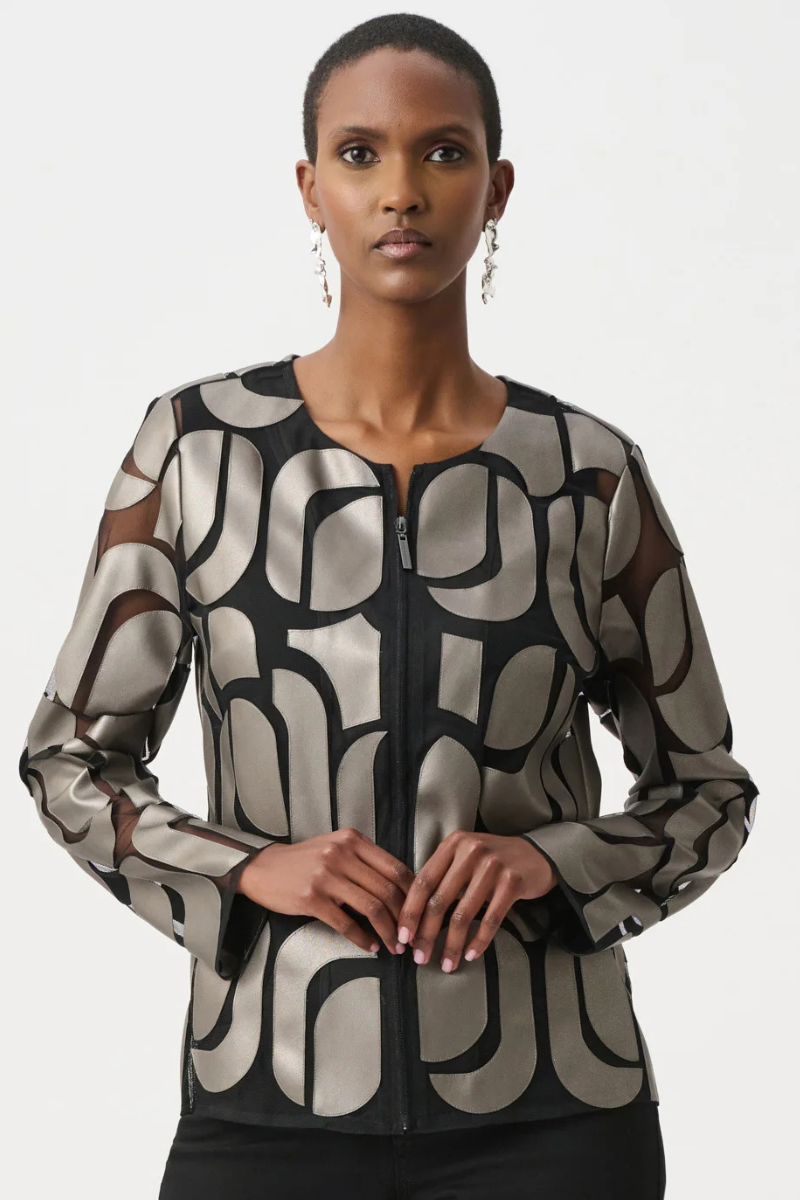 Joseph Ribkoff | Leatherette and Mesh Embroidered Jacket | Gunmetal/Black