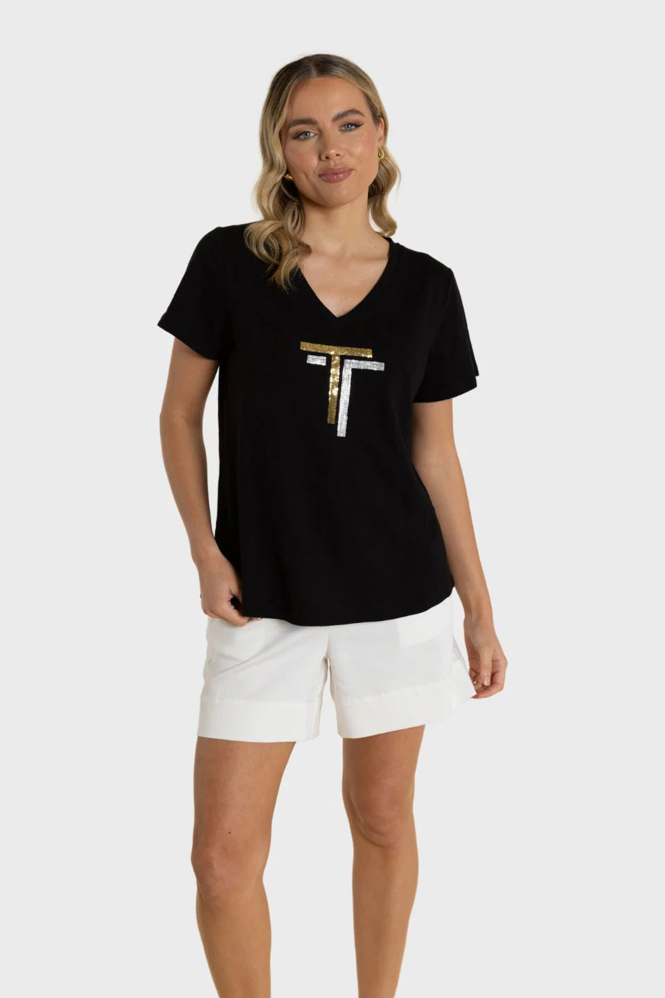 Two T's | V Neck DTM Sequin T-Shirt | Black