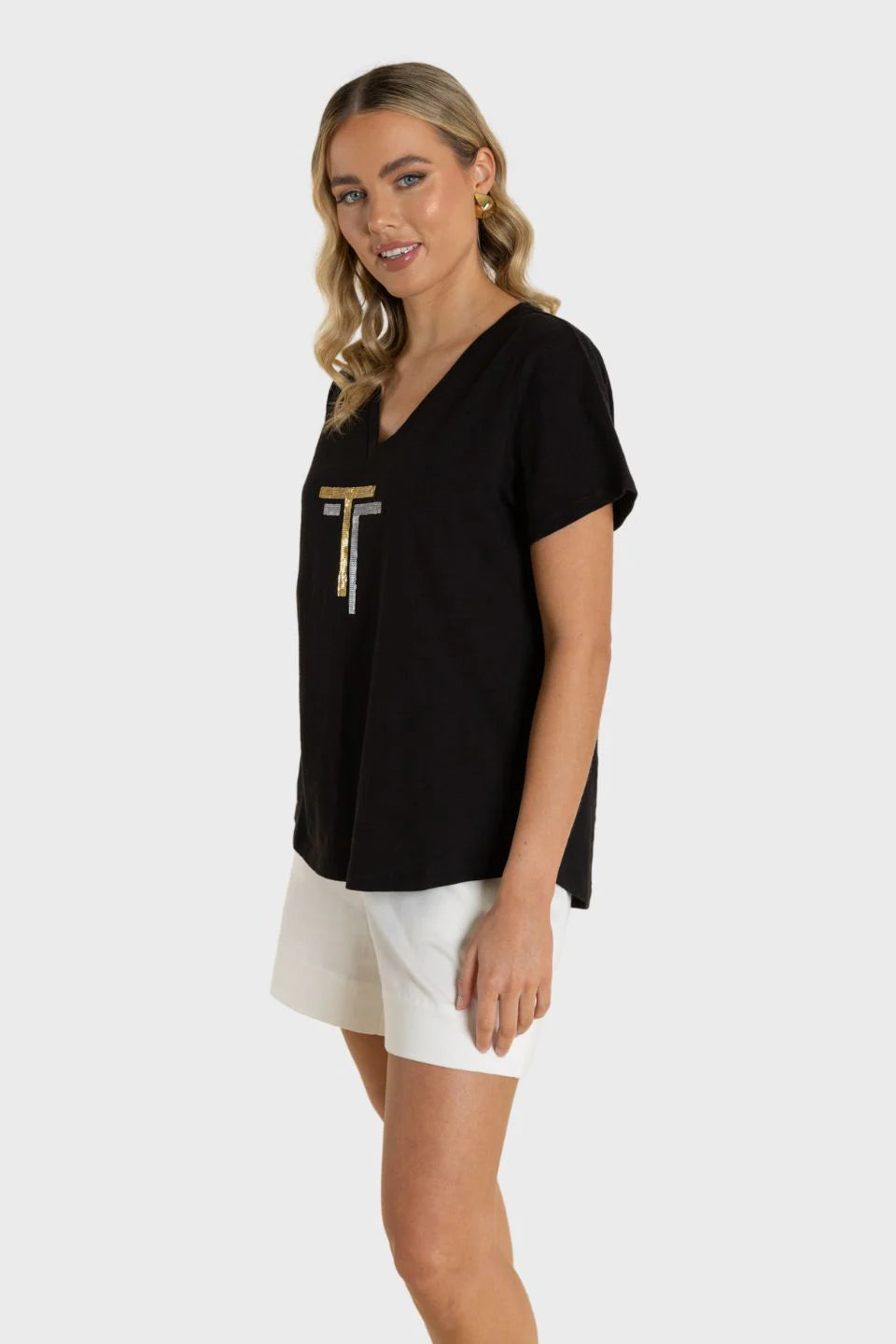 Two T's | V Neck DTM Sequin T-Shirt | Black