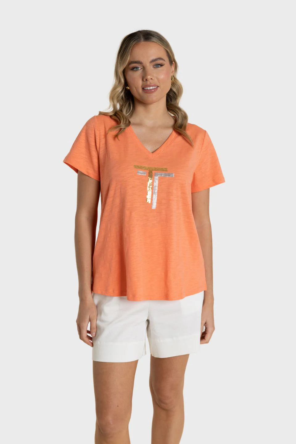 Two T's | V Neck DTM Sequin T-Shirt | Tangerine