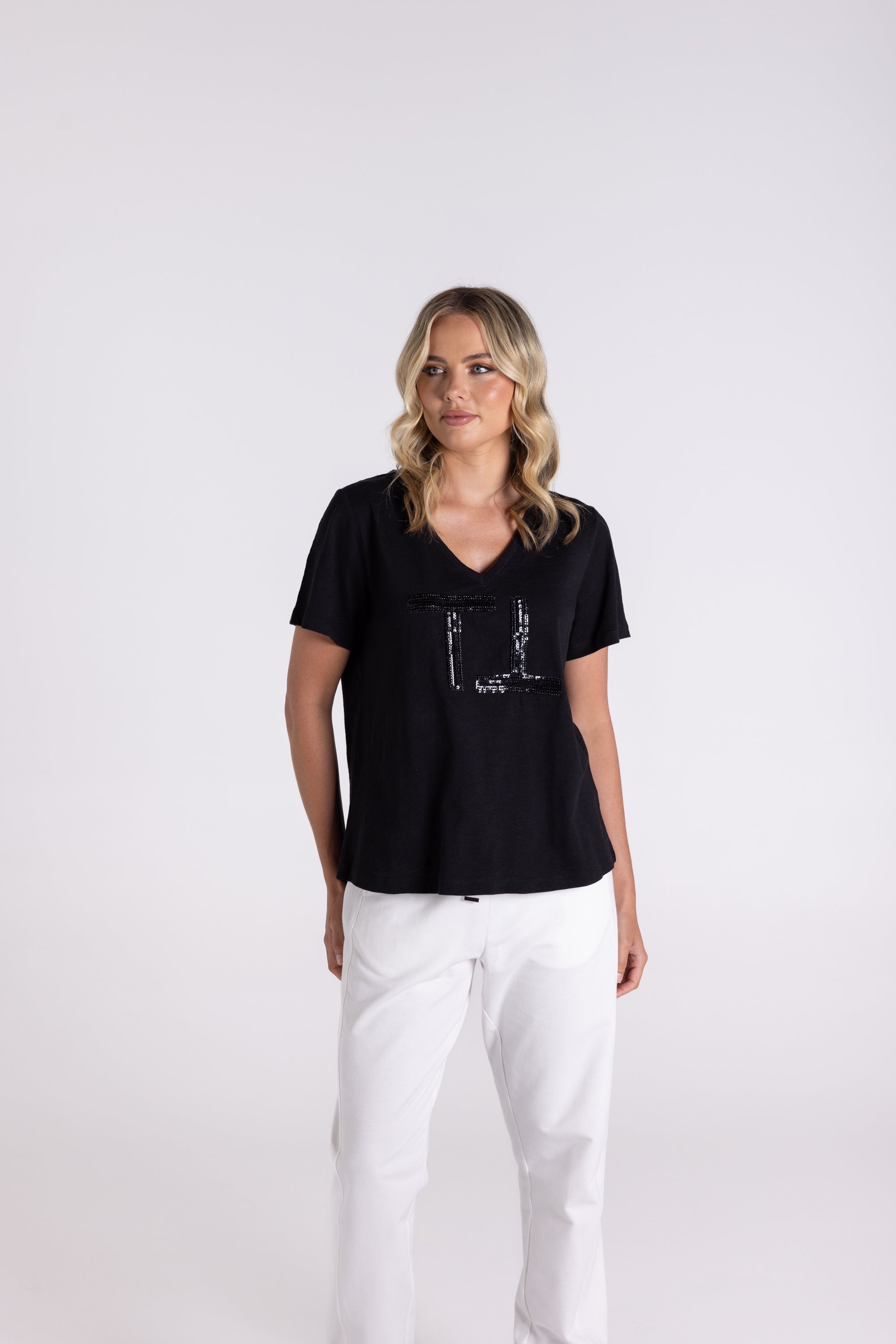 Two T's | V Neck Beaded Sequin Logo T-Shirt | Black