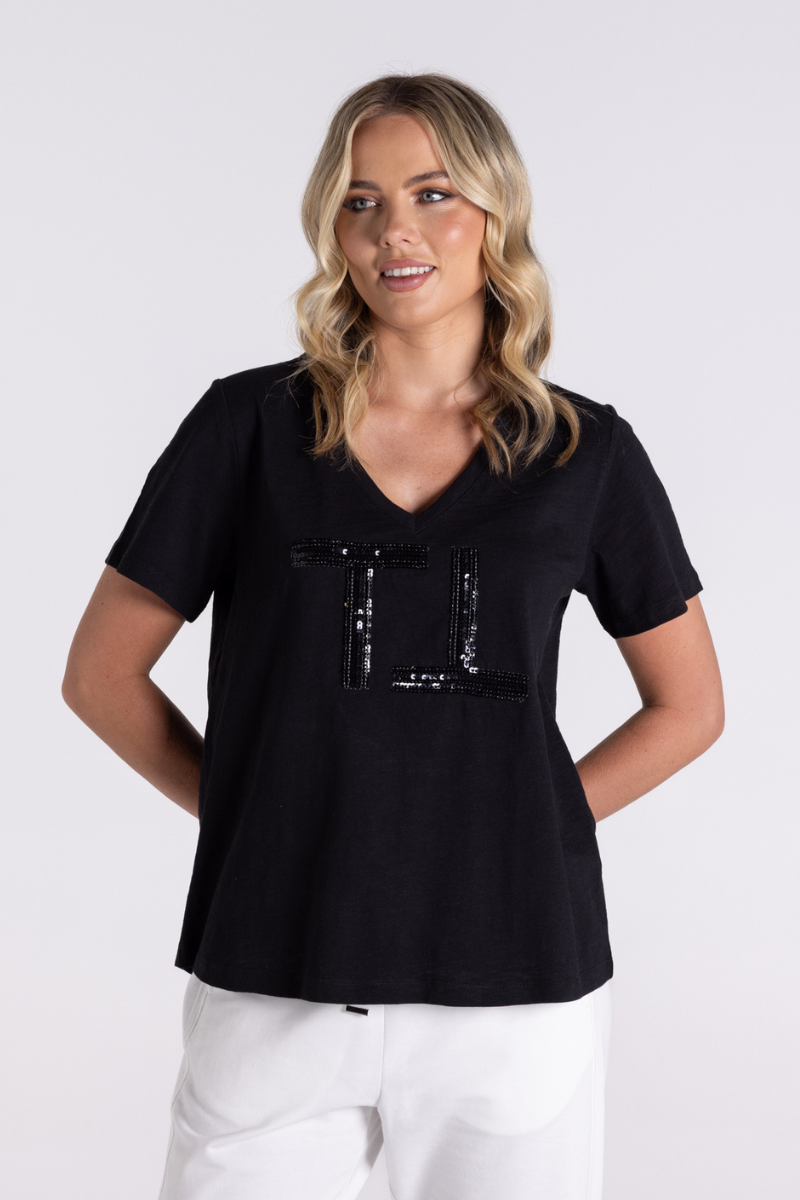 Two T's | V Neck Beaded Sequin Logo T-Shirt | Black