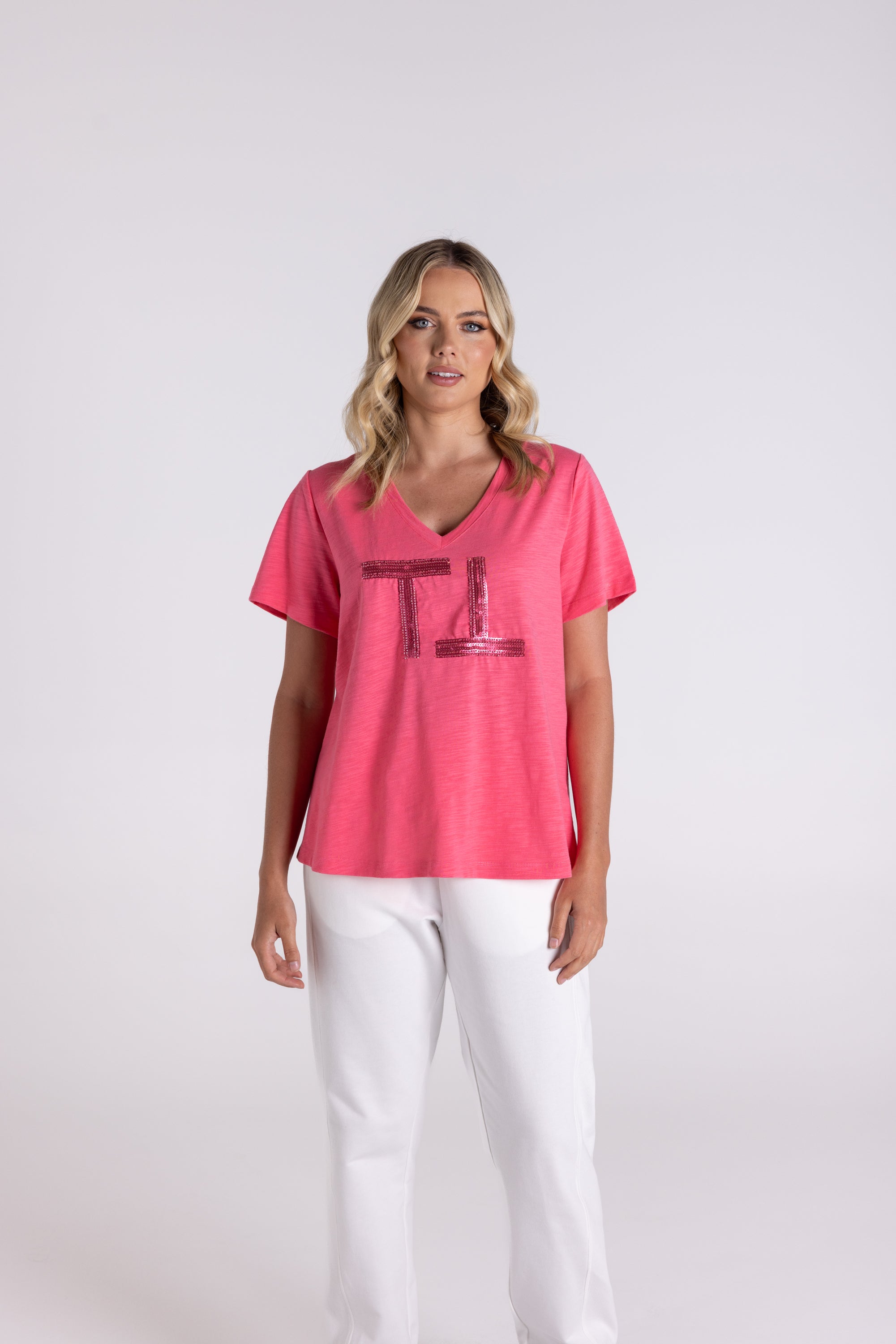Two T's | V Neck Beaded Sequin Logo T-Shirt | Flamingo
