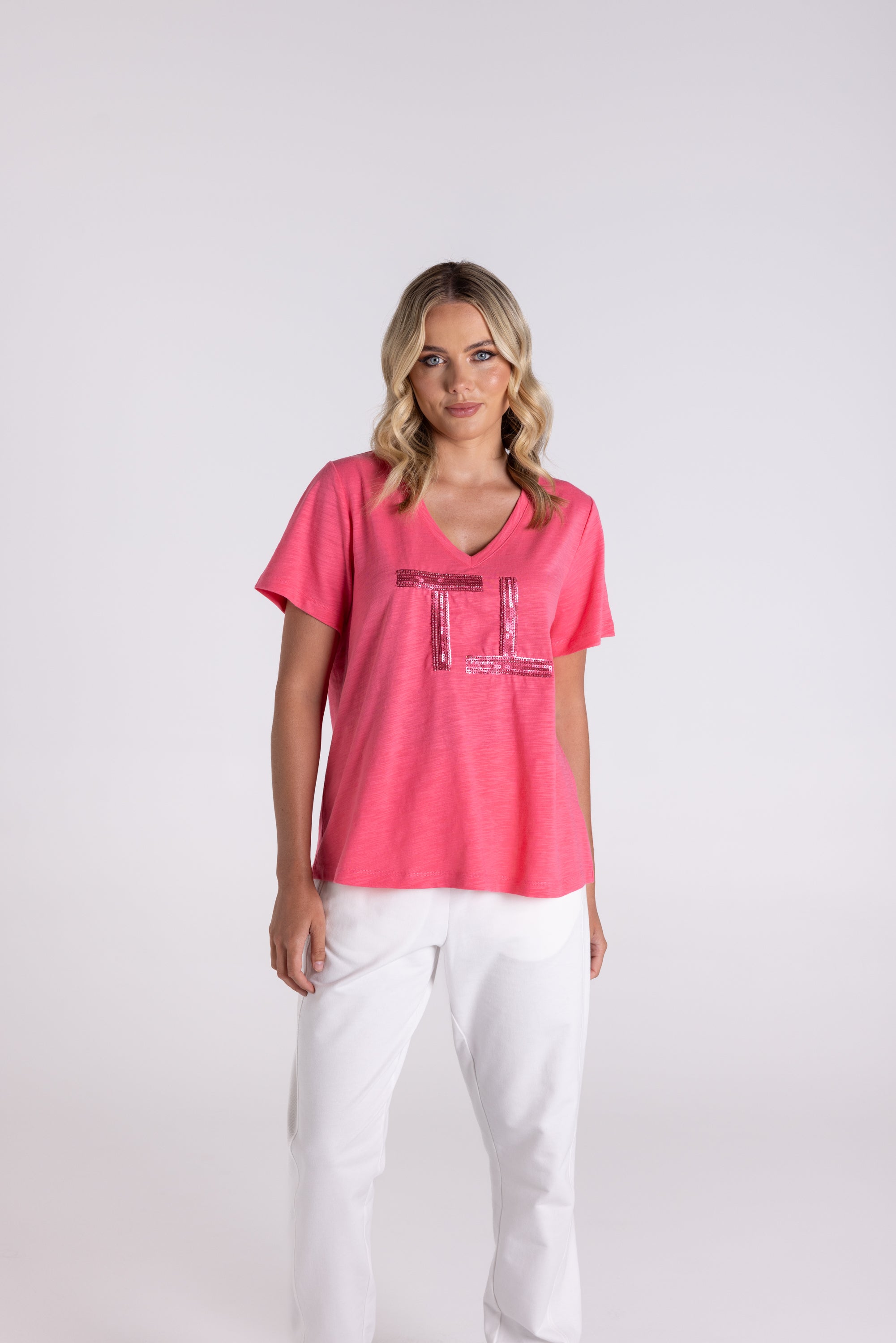 Two T's | V Neck Beaded Sequin Logo T-Shirt | Flamingo