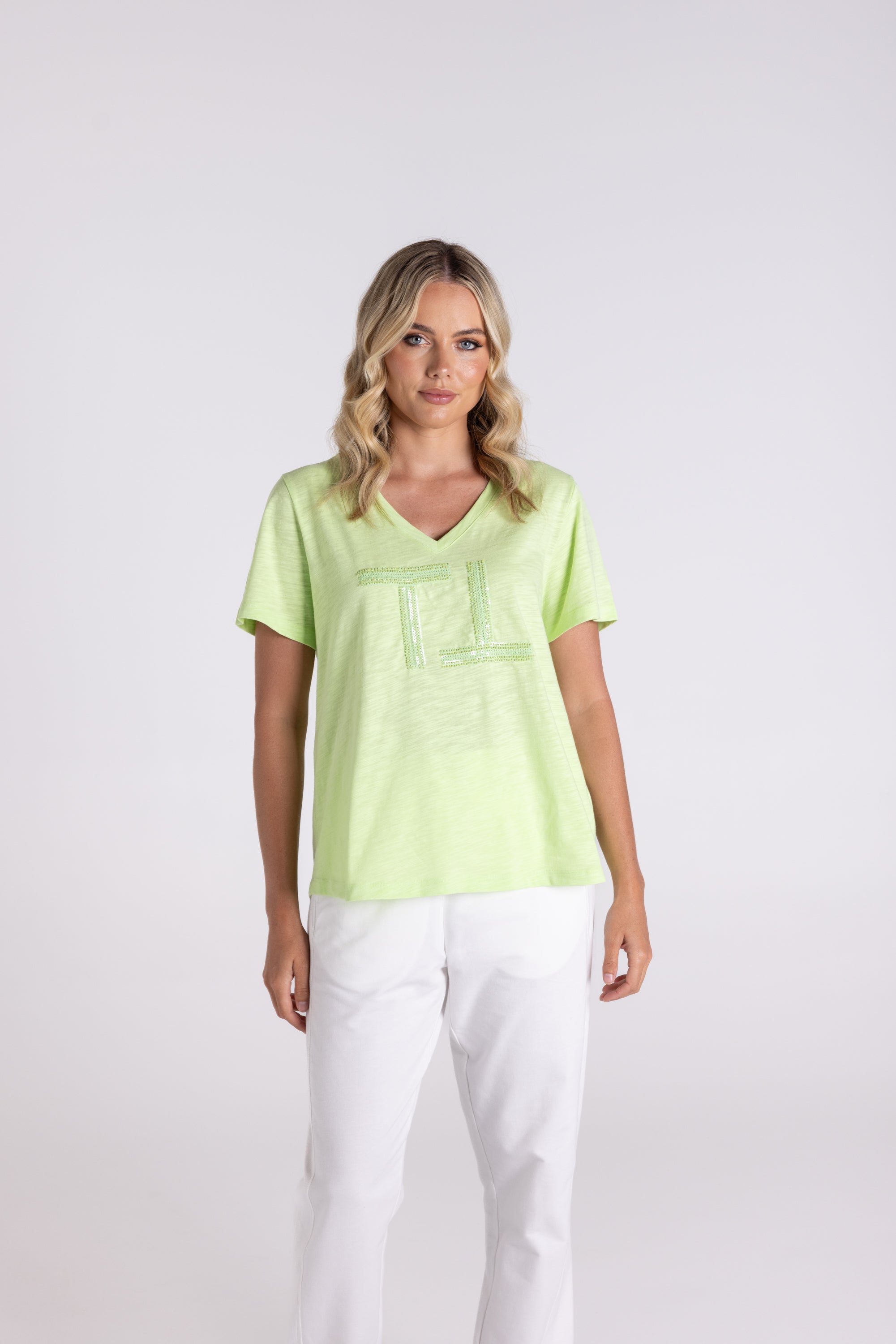 Two T's | V Neck Beaded Sequin Logo T -Shirt | Lime