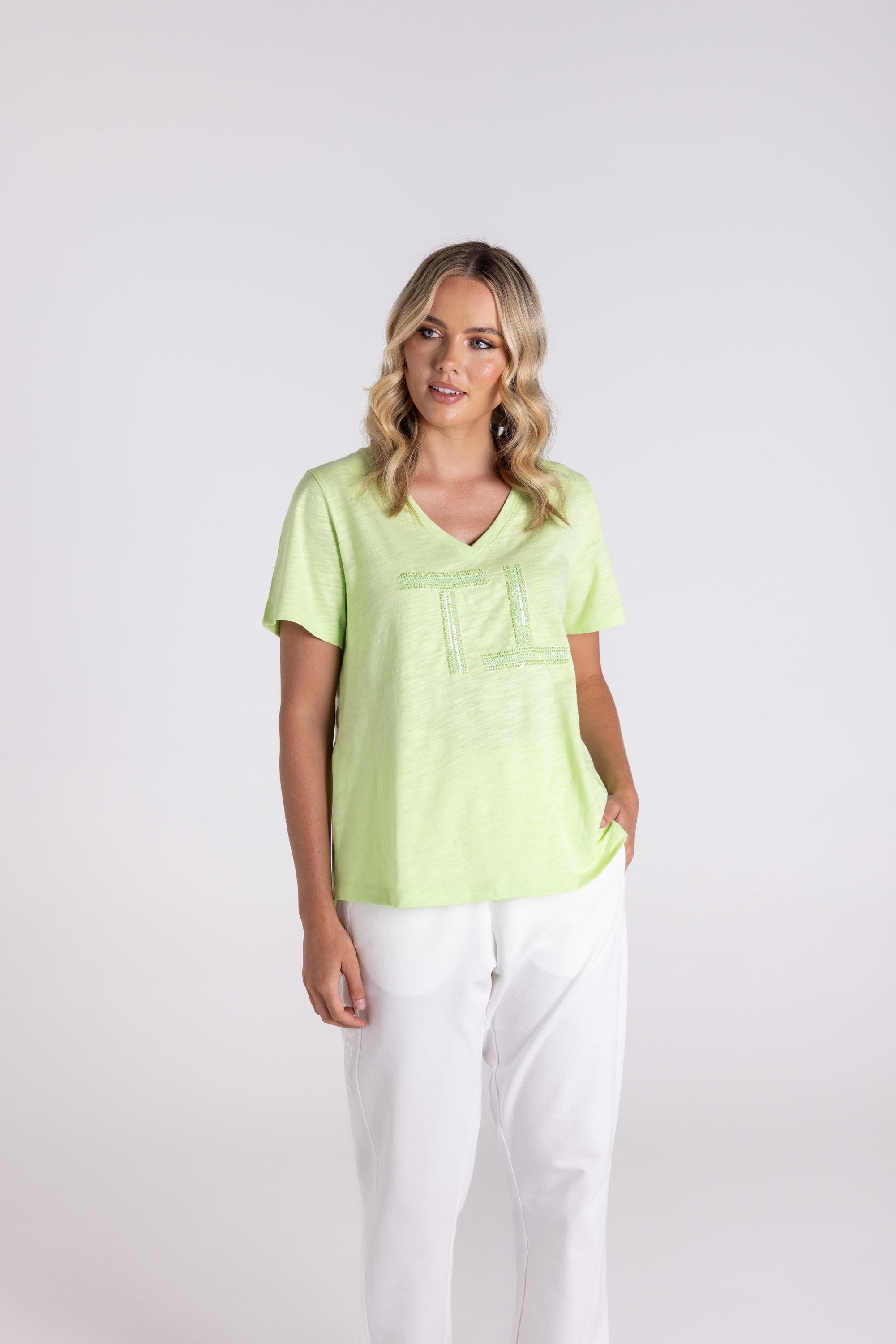 Two T's | V Neck Beaded Sequin Logo T -Shirt | Lime