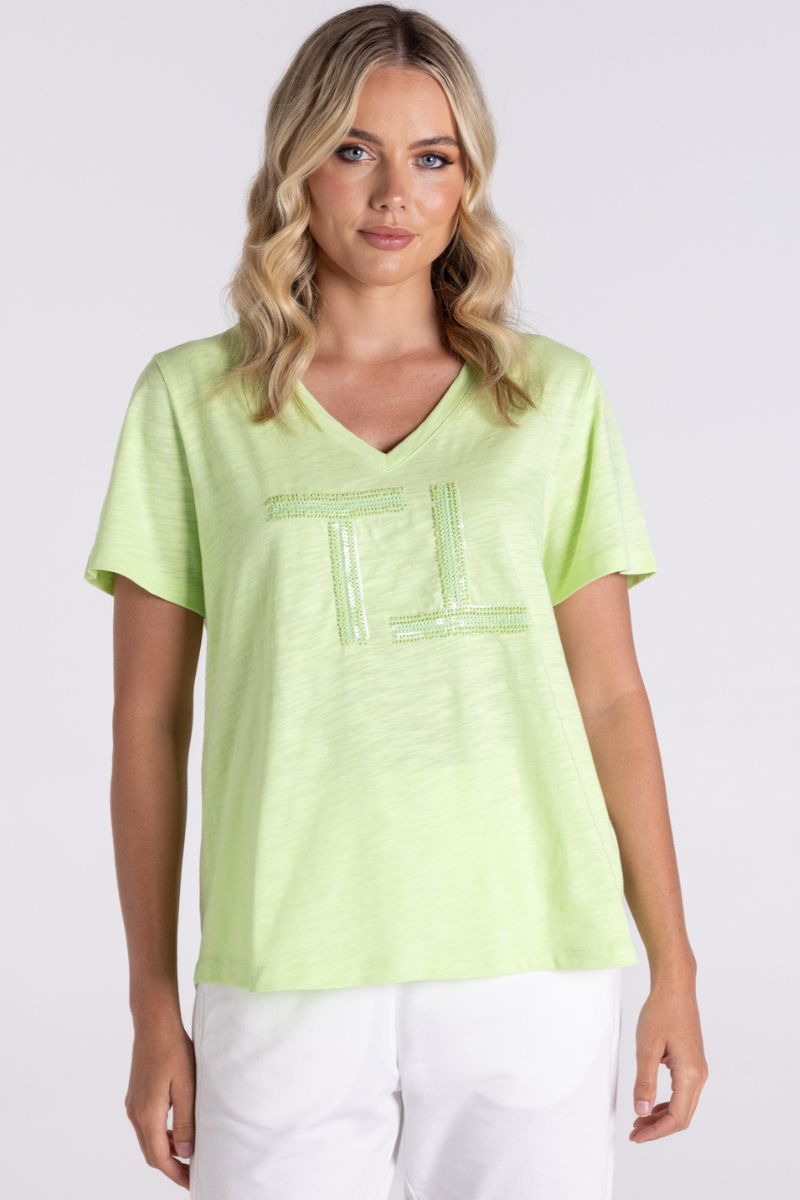 Two T's | V Neck Beaded Sequin Logo T -Shirt | Lime