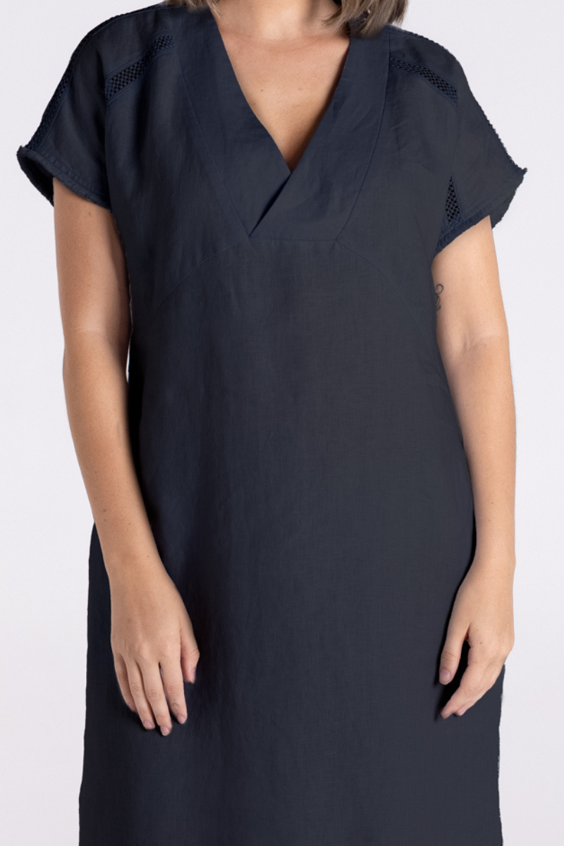 Two T's | Linen Dress with Fringe Detail | Charcoal