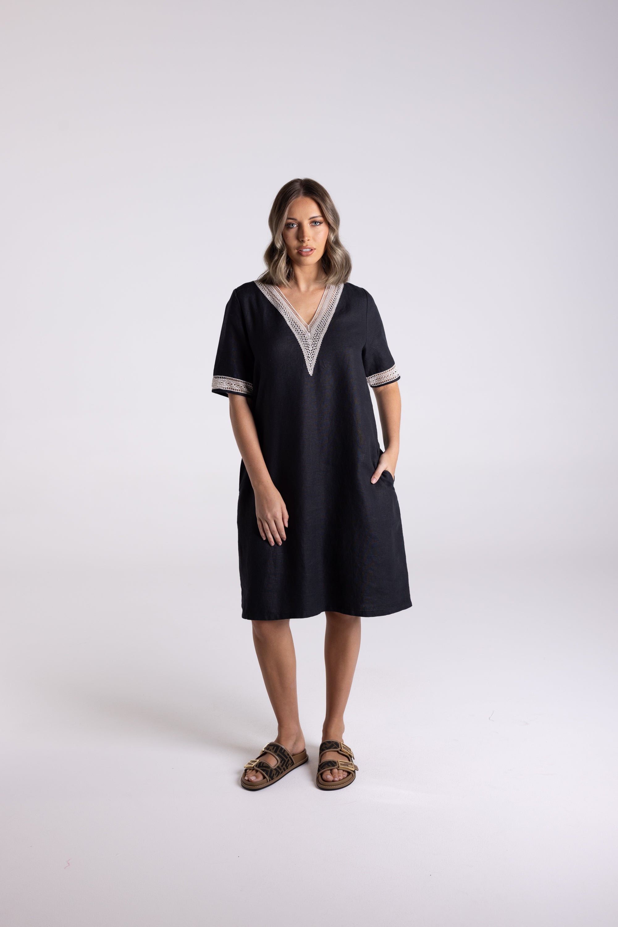 Two T's | V Neck Lace Detail Tween Linen Dress | Black