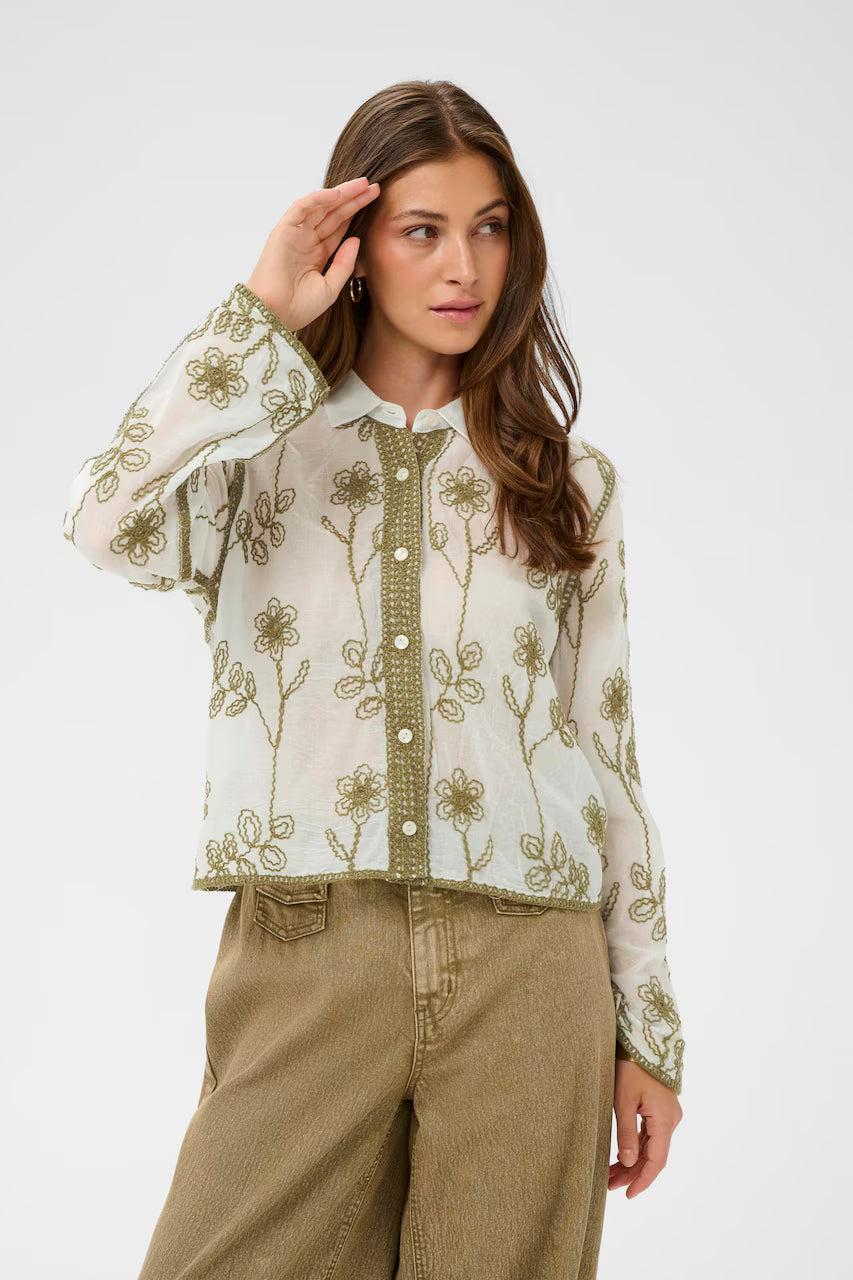 Cream | Leila Blouse | White/Olive Embroidery