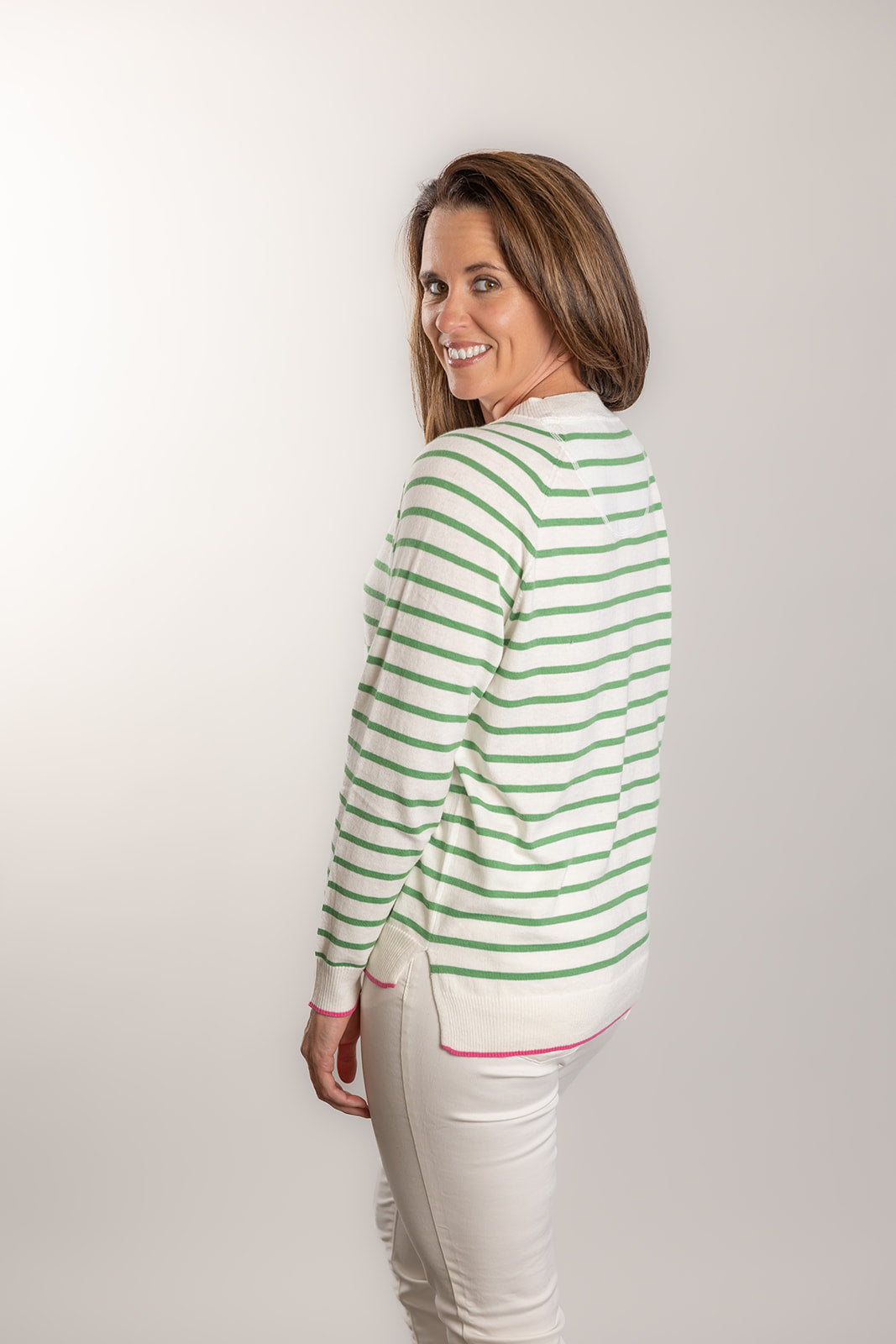 Bow & Arrow | Cotton Cashmere Stripe Crew Neck Sweater | White/Green