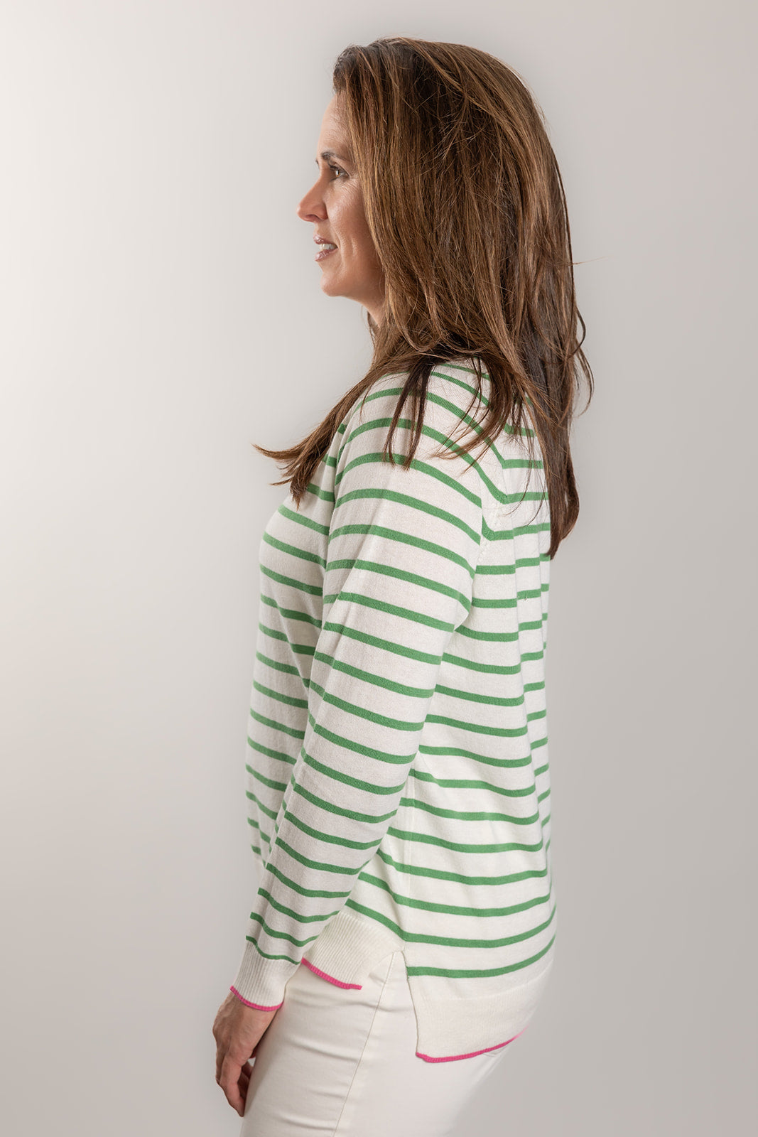 Bow & Arrow | Cotton Cashmere Stripe Crew Neck Sweater | White/Green