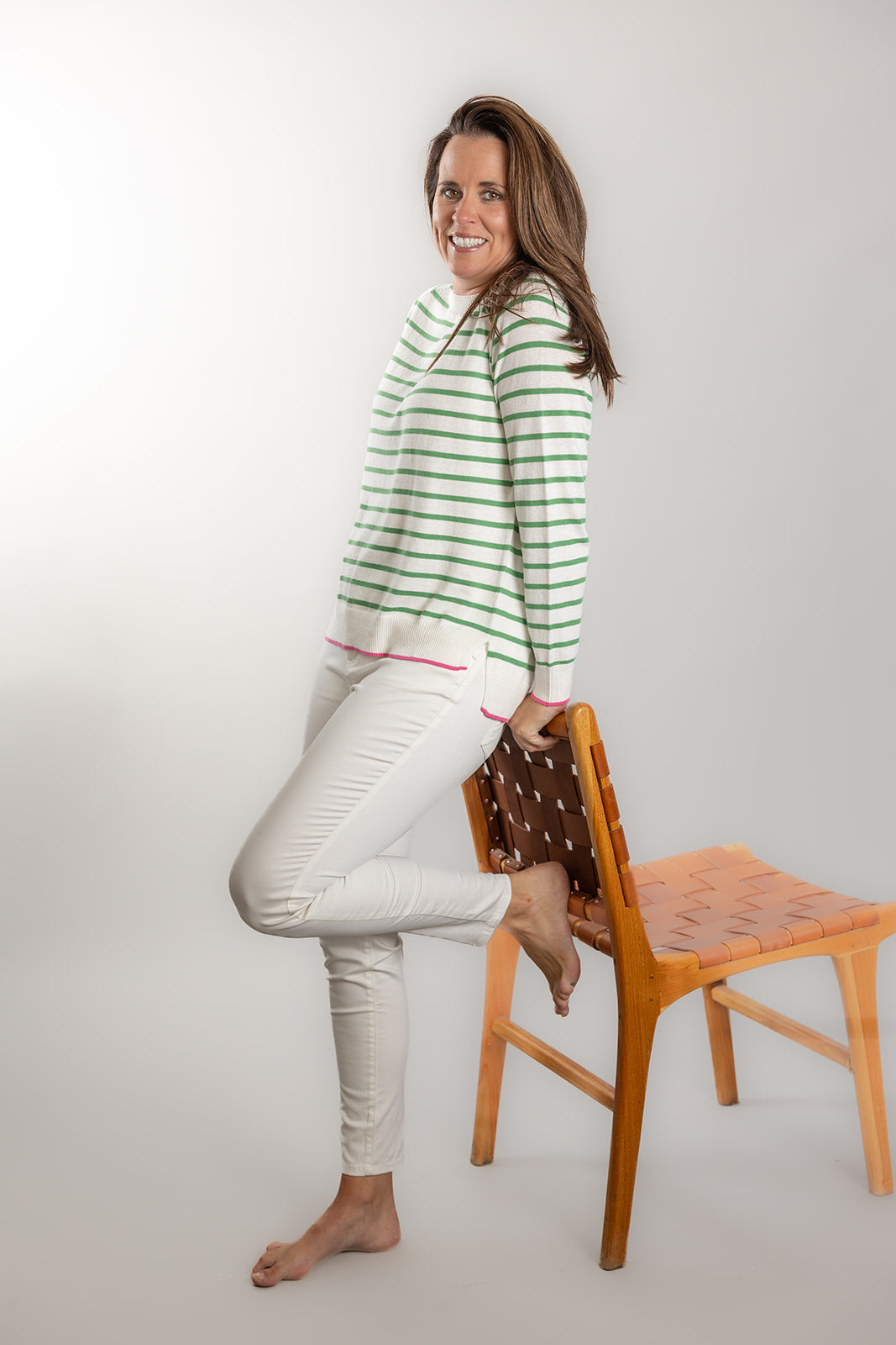 Bow & Arrow | Cotton Cashmere Stripe Crew Neck Sweater | White/Green