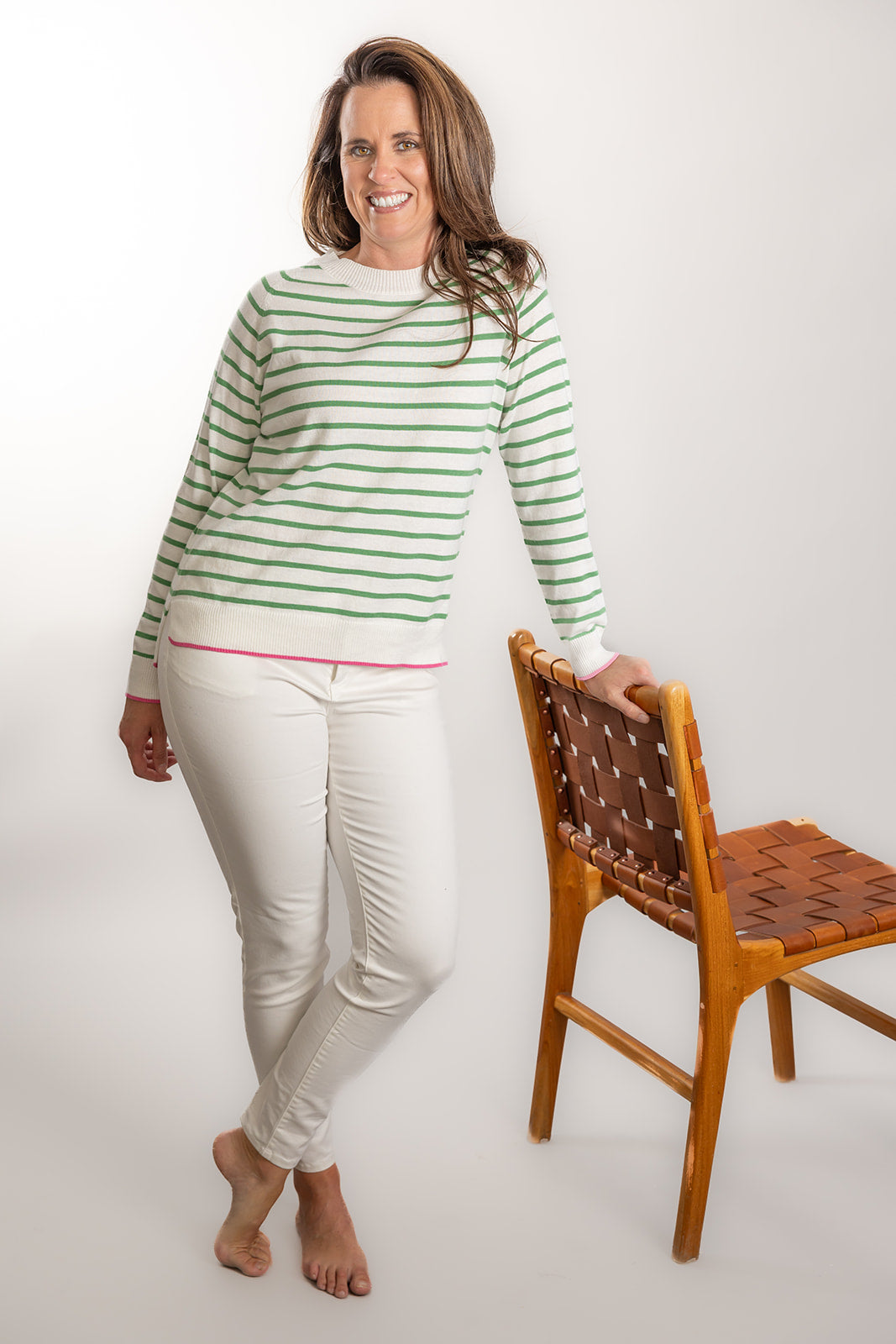 Bow & Arrow | Cotton Cashmere Stripe Crew Neck Sweater | White/Green