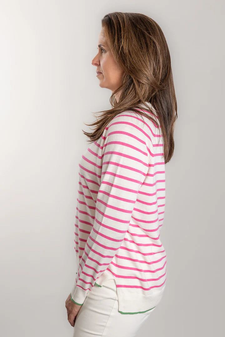 Bow & Arrow | Cotton Cashmere Stripe Crew Neck Sweater | White/Pink
