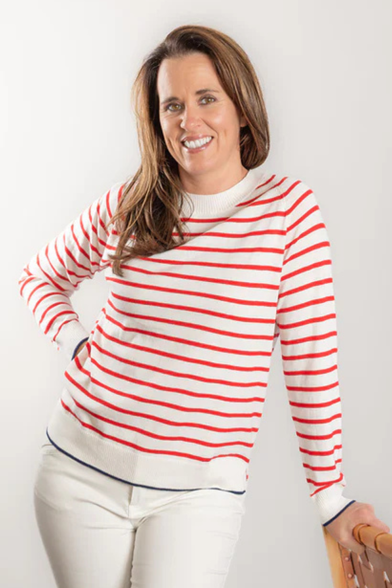 Bow & Arrow | Cotton Cashmere Stripe Crew Neck Sweater | White/Red