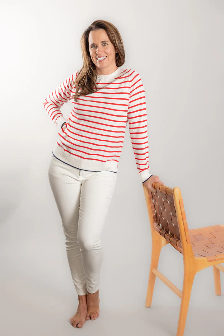 Bow & Arrow | Cotton Cashmere Stripe Crew Neck Sweater | White/Red