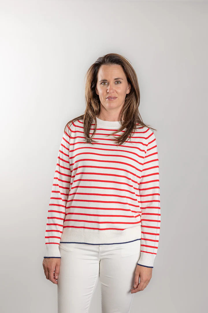 Bow & Arrow | Cotton Cashmere Stripe Crew Neck Sweater | White/Red
