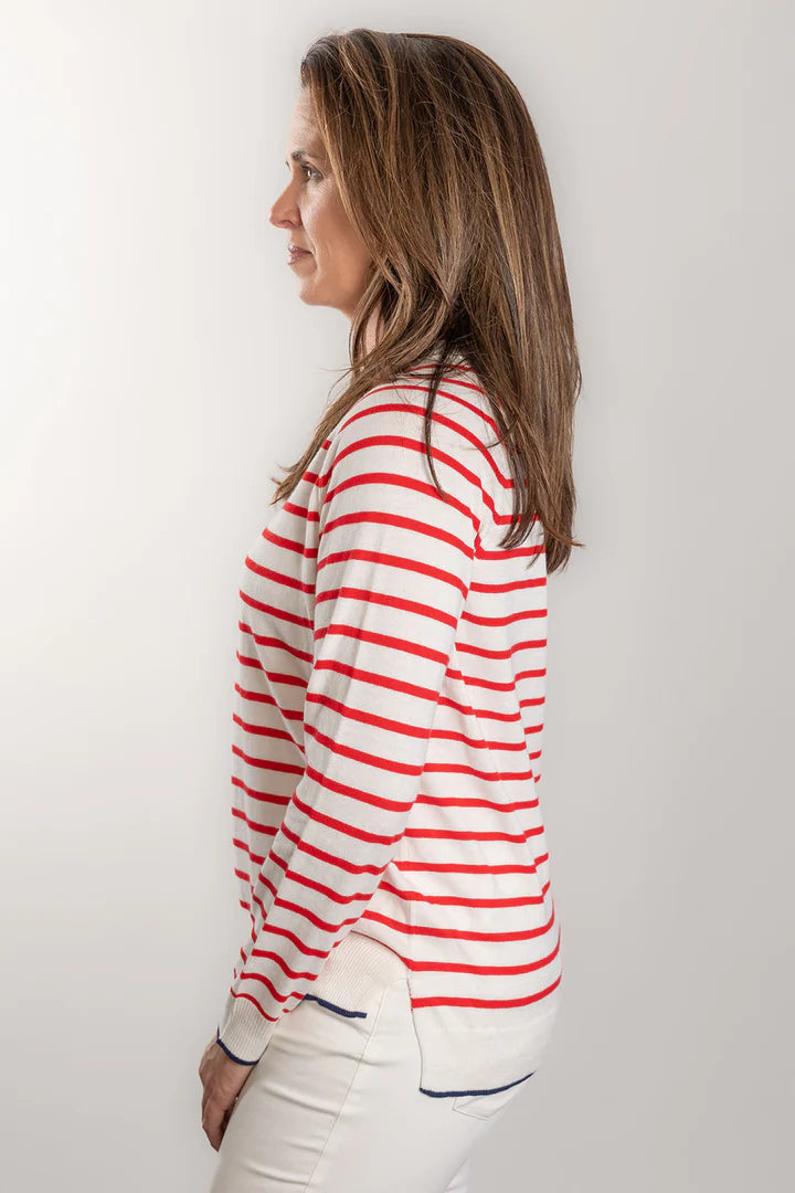 Bow & Arrow | Cotton Cashmere Stripe Crew Neck Sweater | White/Red
