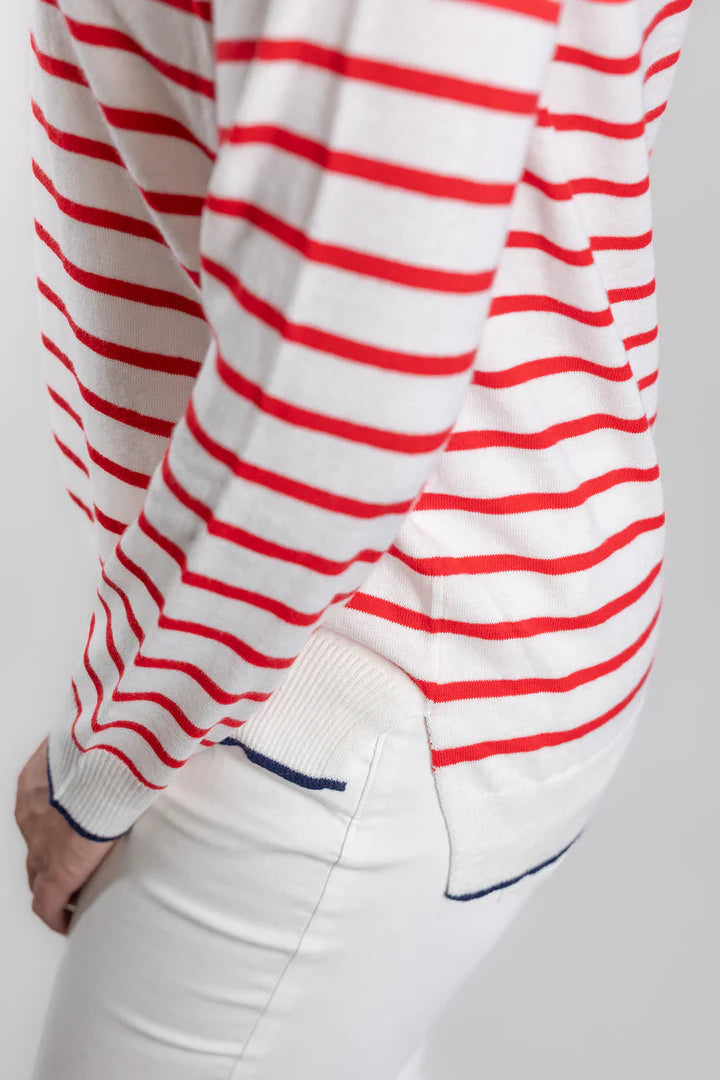 Bow & Arrow | Cotton Cashmere Stripe Crew Neck Sweater | White/Red
