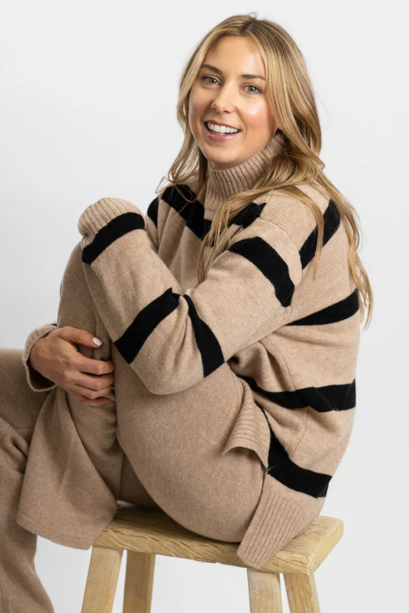 Bow & Arrow | Stripe Polo Knit | Camel/Black