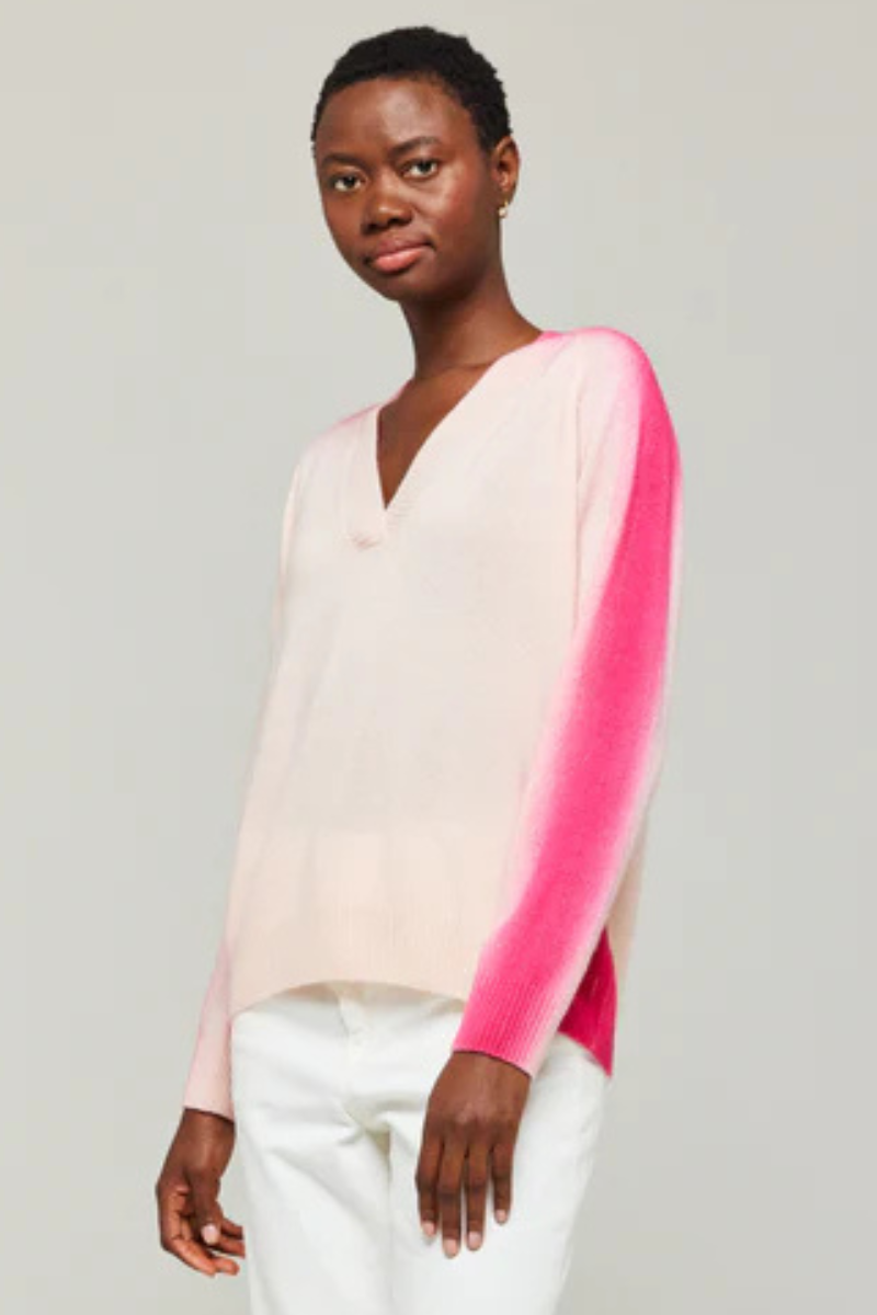 Brodie Knitwear | Spray Stripe V Neck Sweater | Cherry Blossom