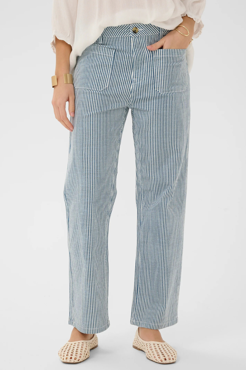 Cream | Berta 7/8 Twill Pants | Blue/Whtie Stripe