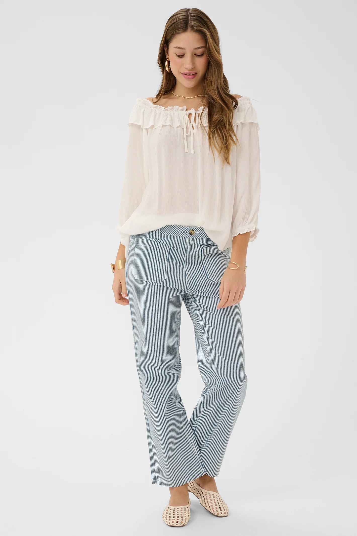 Cream | Berta 7/8 Twill Pants | Blue/Whtie Stripe