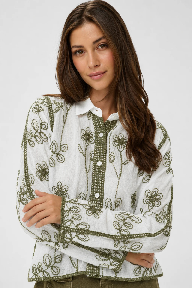 Cream | Leila Blouse | White/Olive Embroidery