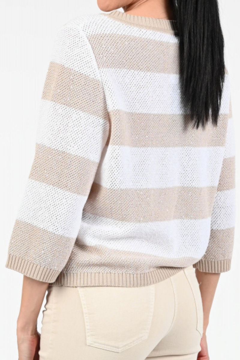 Faber | Crew Neck Pullover with Diamante | Taupe/White