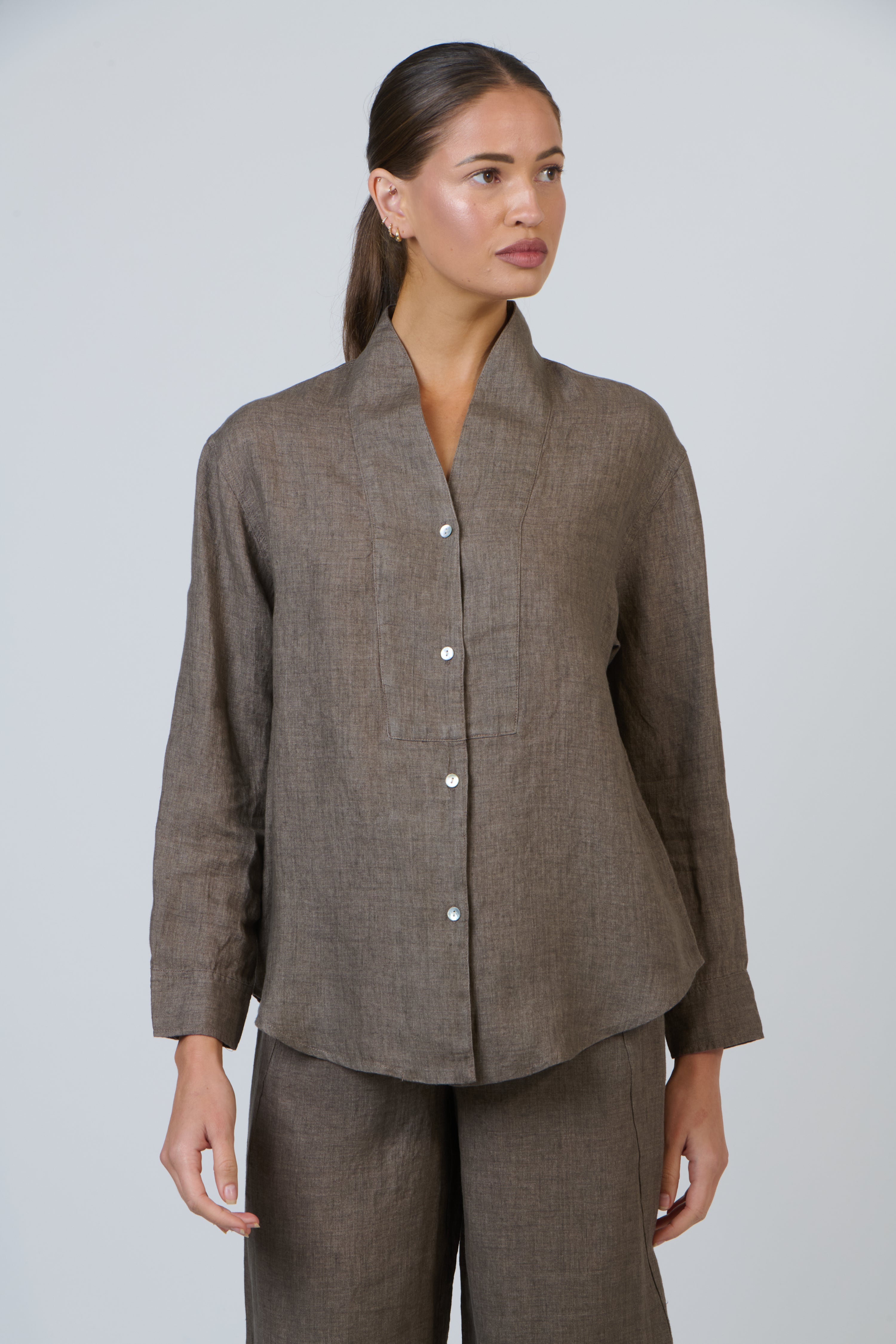 Naturals | Button Through V Neck Shirt | Cigar