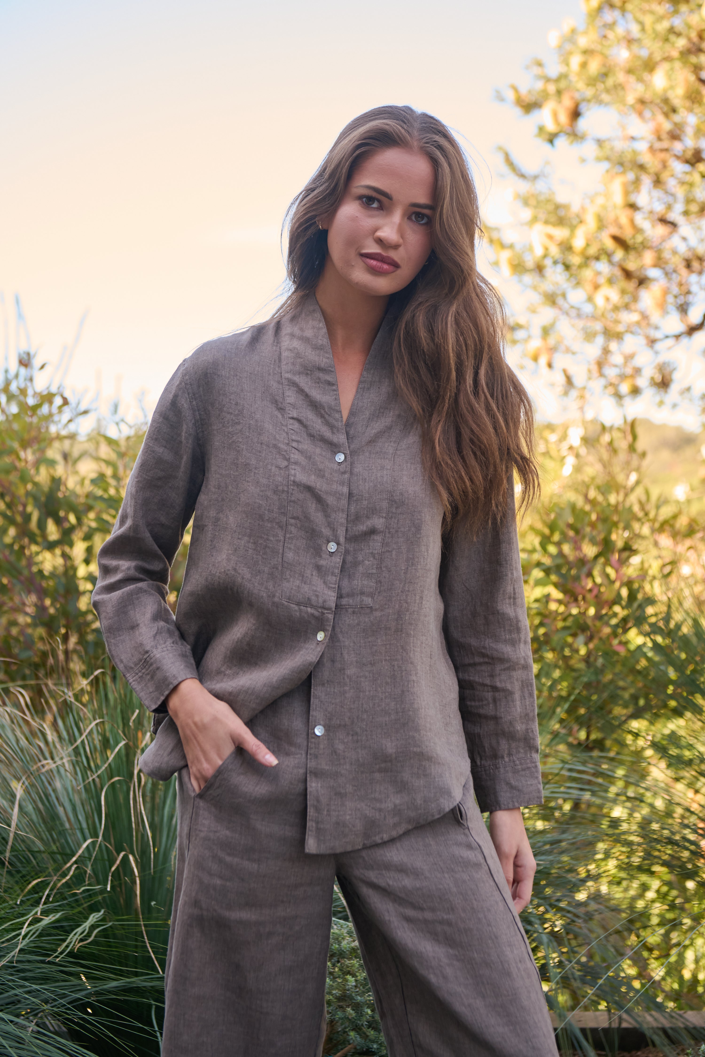 Naturals | Button Through V Neck Shirt | Cigar